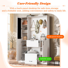 VIBE HAUS 51.1'' Entryway Bench with Integrated Shoe Cabinet , 3-in-1 Design and Mirrored Cabinet Door, Hall Tree with 4 Sturdy Hooks and Foldable Seat for Entrance, Living Room