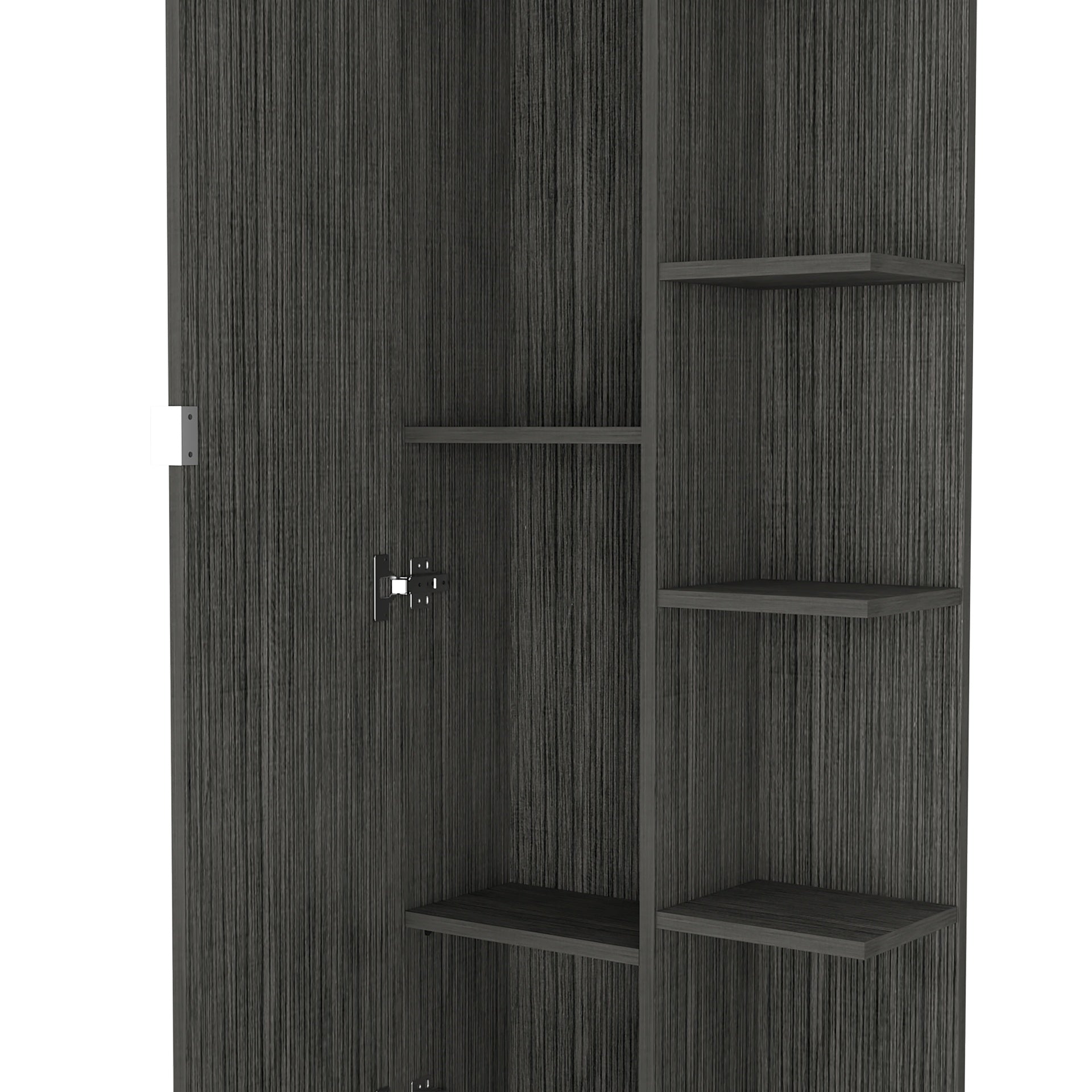 Linen Single Door Cabinet 62" H, Five External Shelves, Four Interior Shelves, Smokey Oak