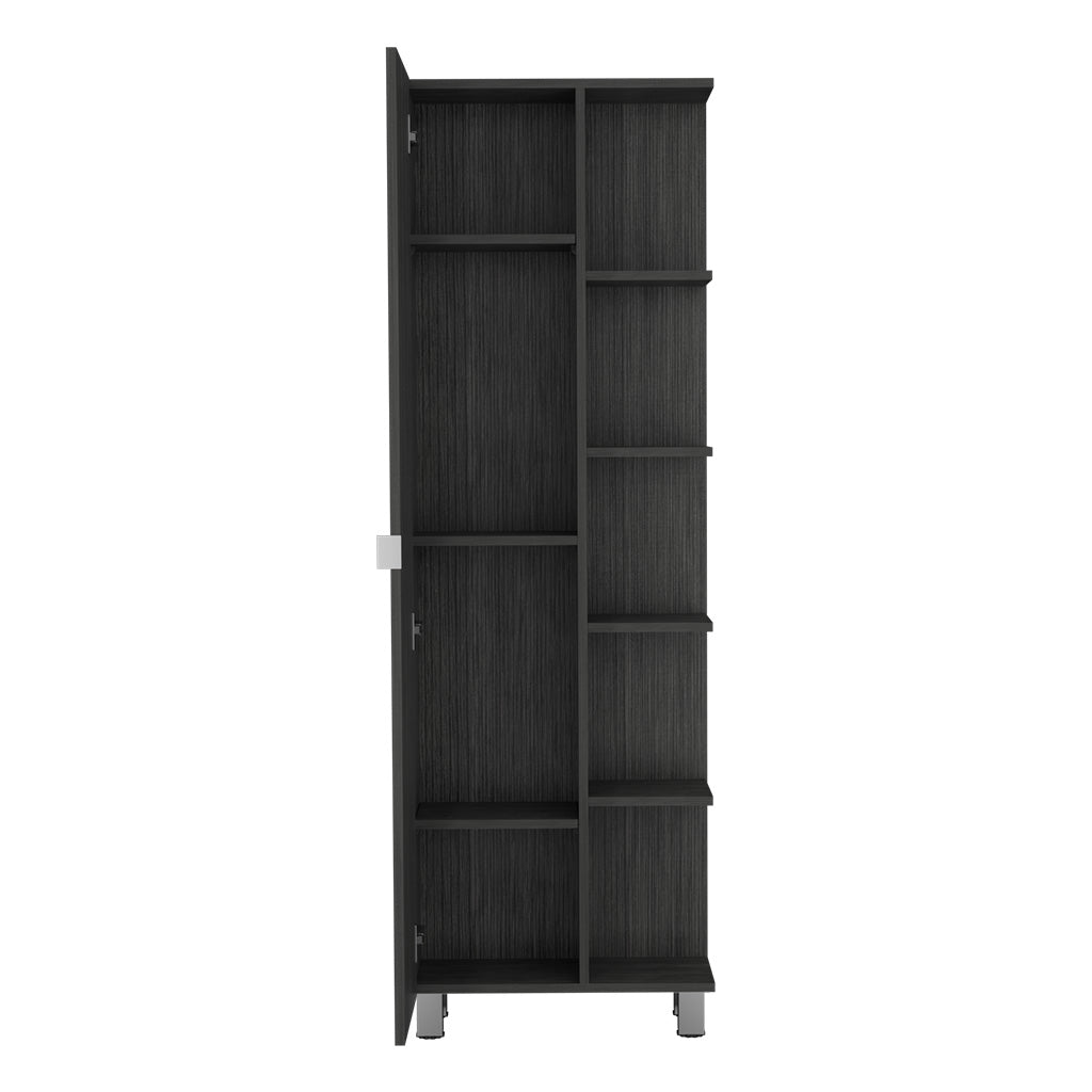 Linen Single Door Cabinet 62" H, Five External Shelves, Four Interior Shelves, Smokey Oak