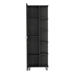 Linen Single Door Cabinet 62" H, Five External Shelves, Four Interior Shelves, Smokey Oak