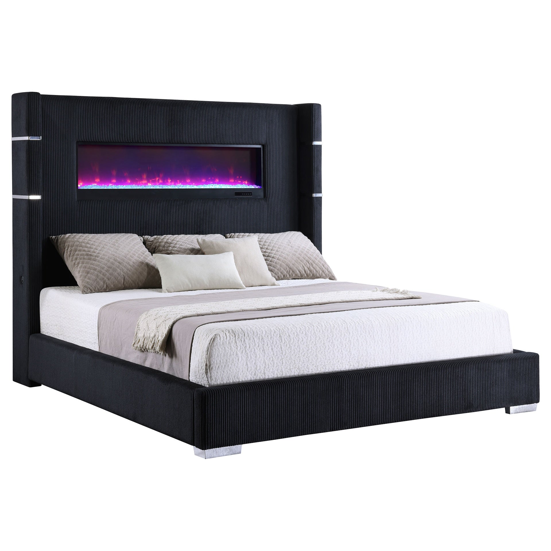 Judah Black Upholstered Eastern King Flame Visualizer Bed