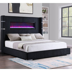 Judah Black Upholstered Eastern King Flame Visualizer Bed