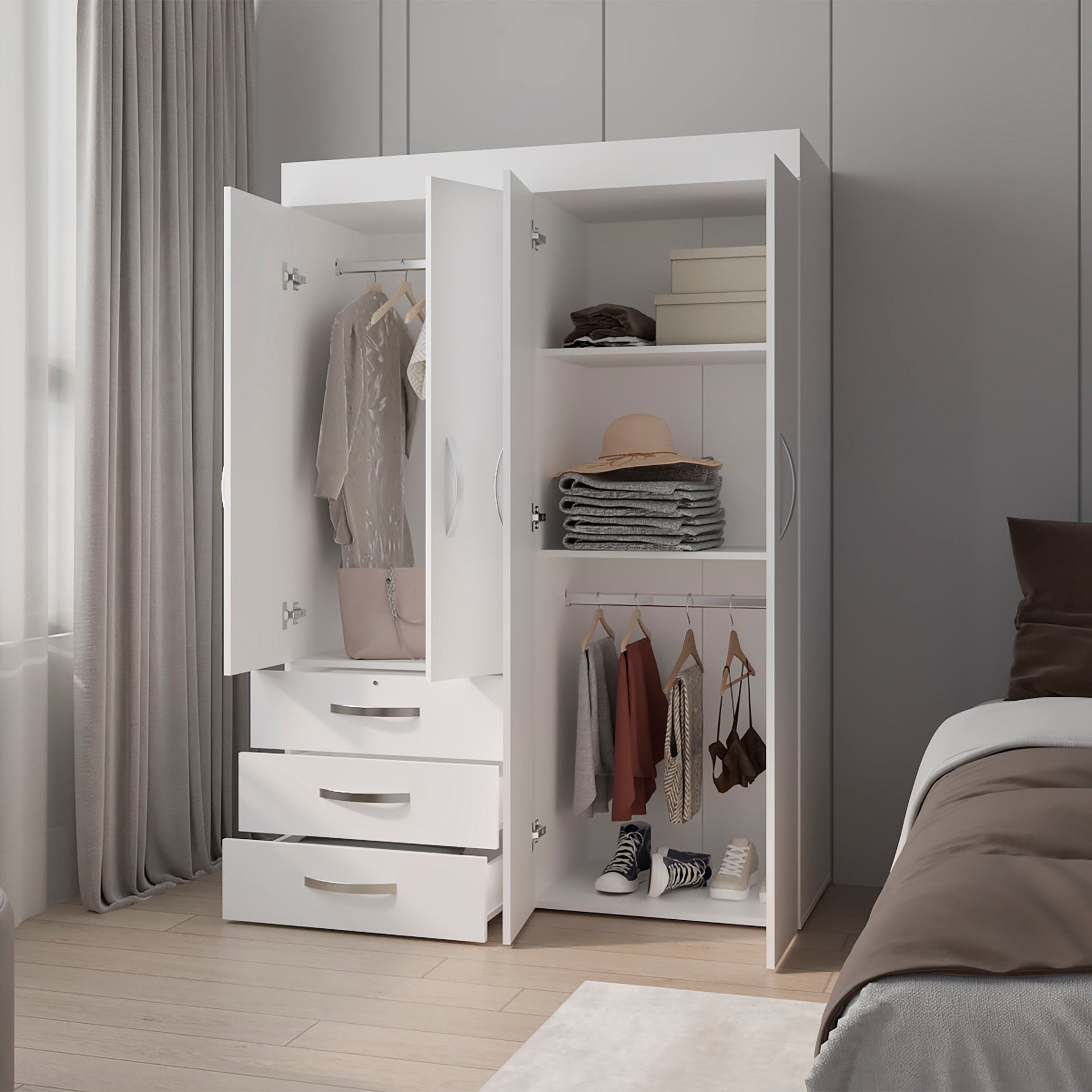 White 4-Door Wardrobe with Drawers and Shelf