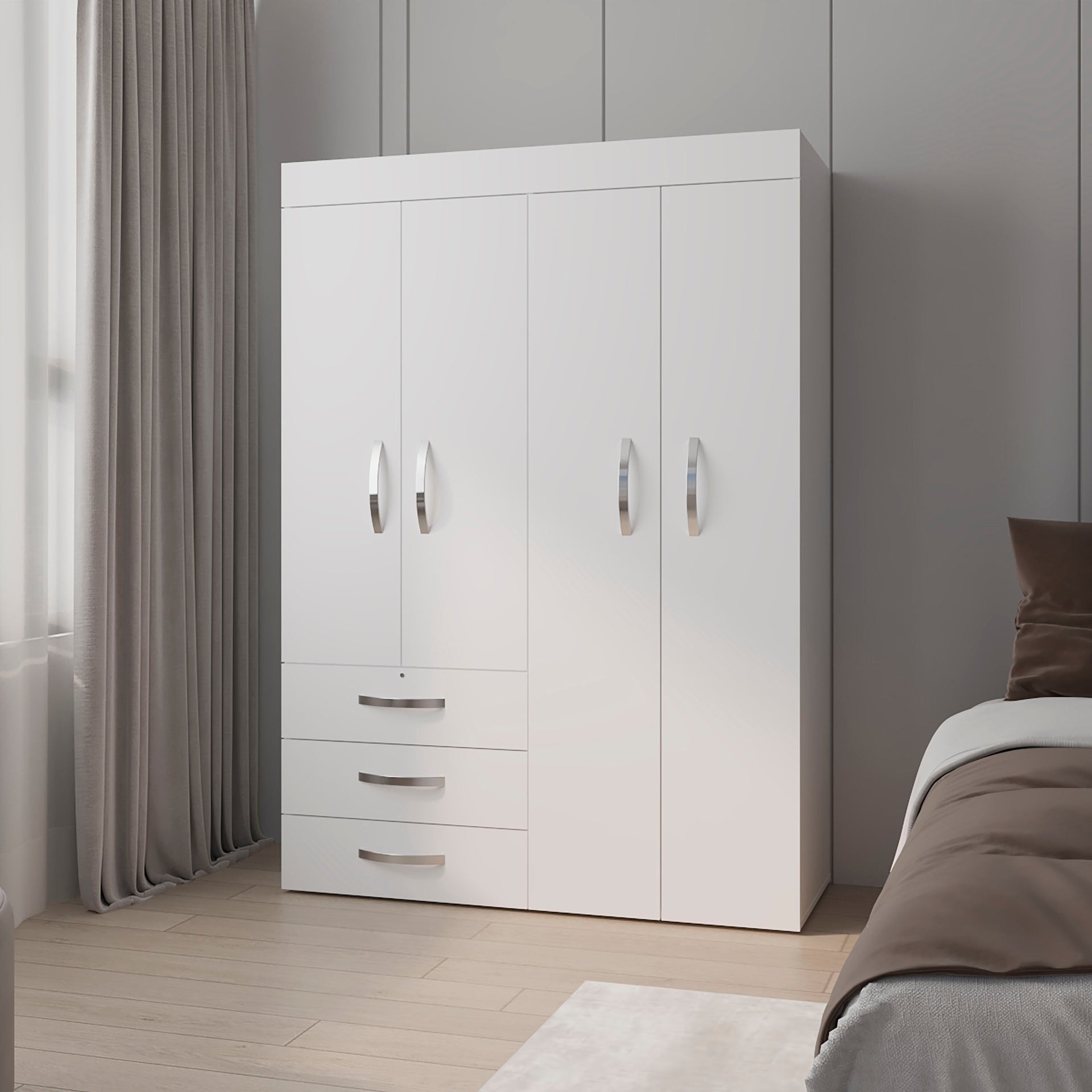 White 4-Door Wardrobe with Drawers and Shelf
