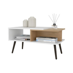 White and Natural Oak Coffee Table with Open Storage and Conical Legs