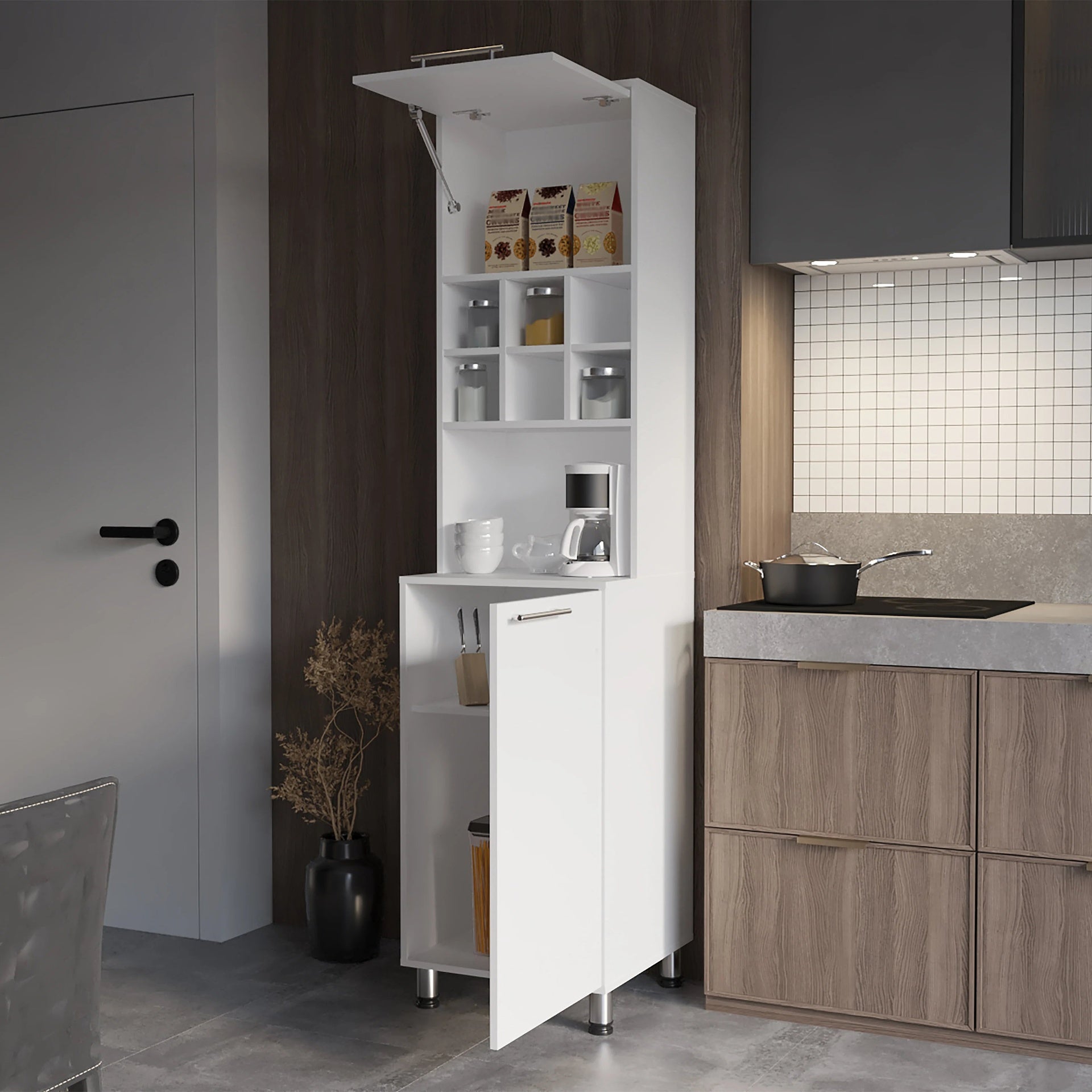 White Kitchen Pantry with Pneumatic Door and Open Storage