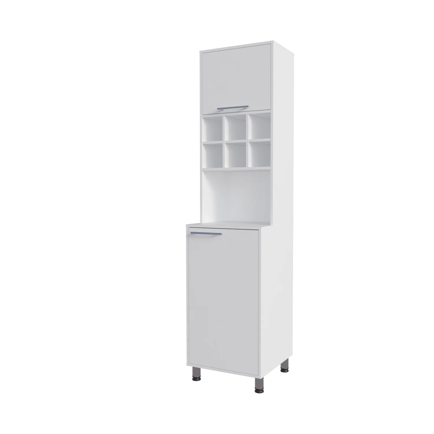 White Kitchen Pantry with Pneumatic Door and Open Storage