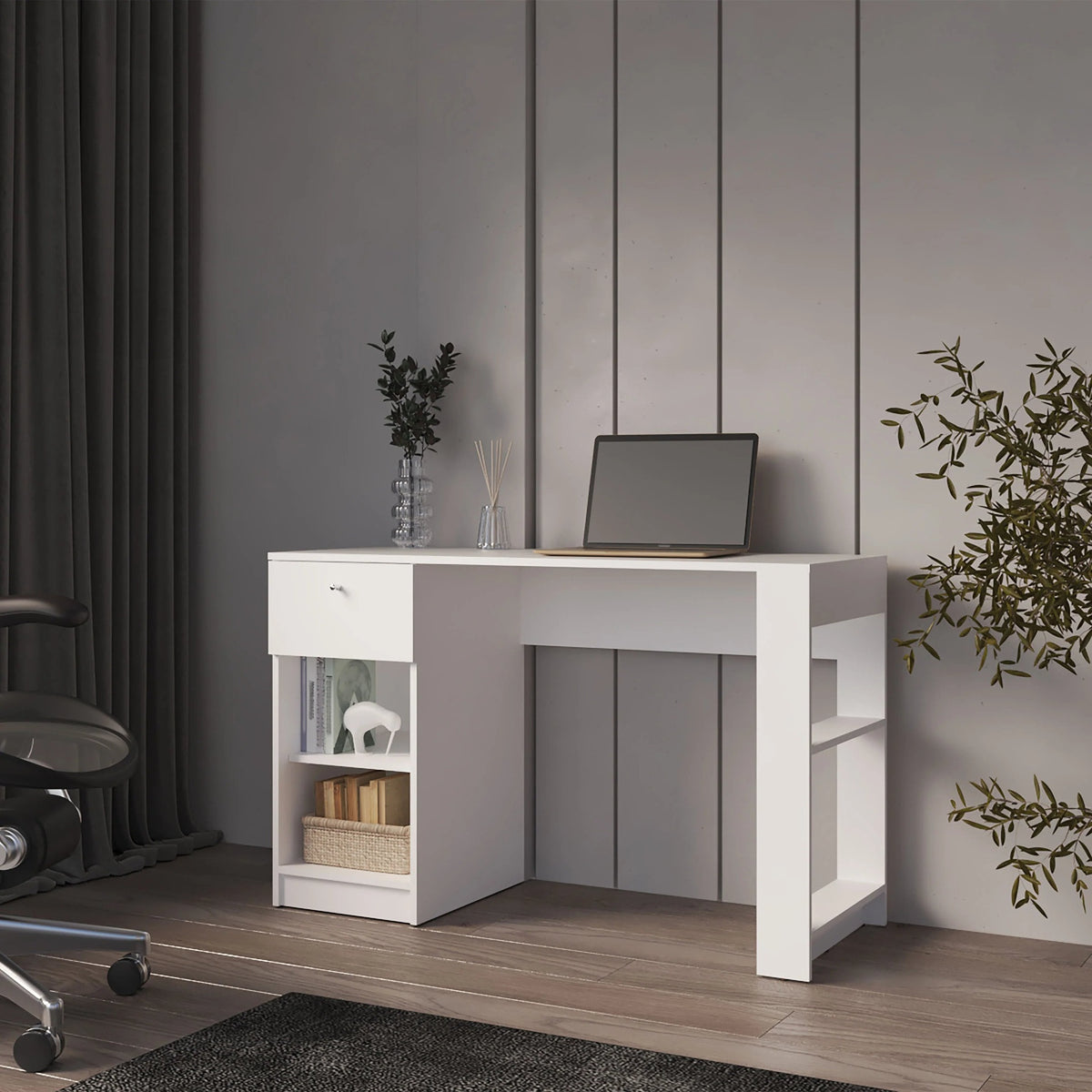 White Computer Desk with Drawer and Open Storage