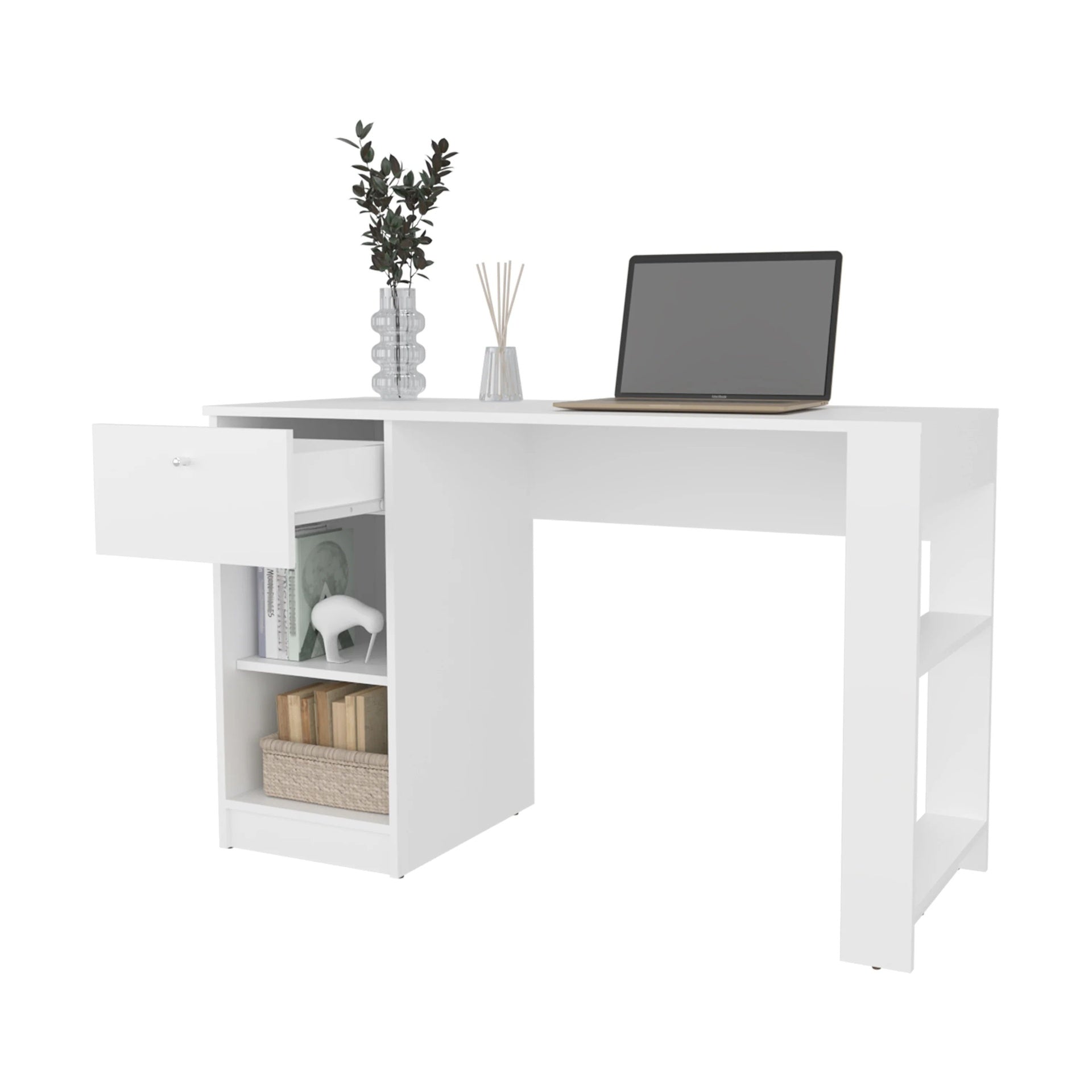 White Computer Desk with Drawer and Open Storage