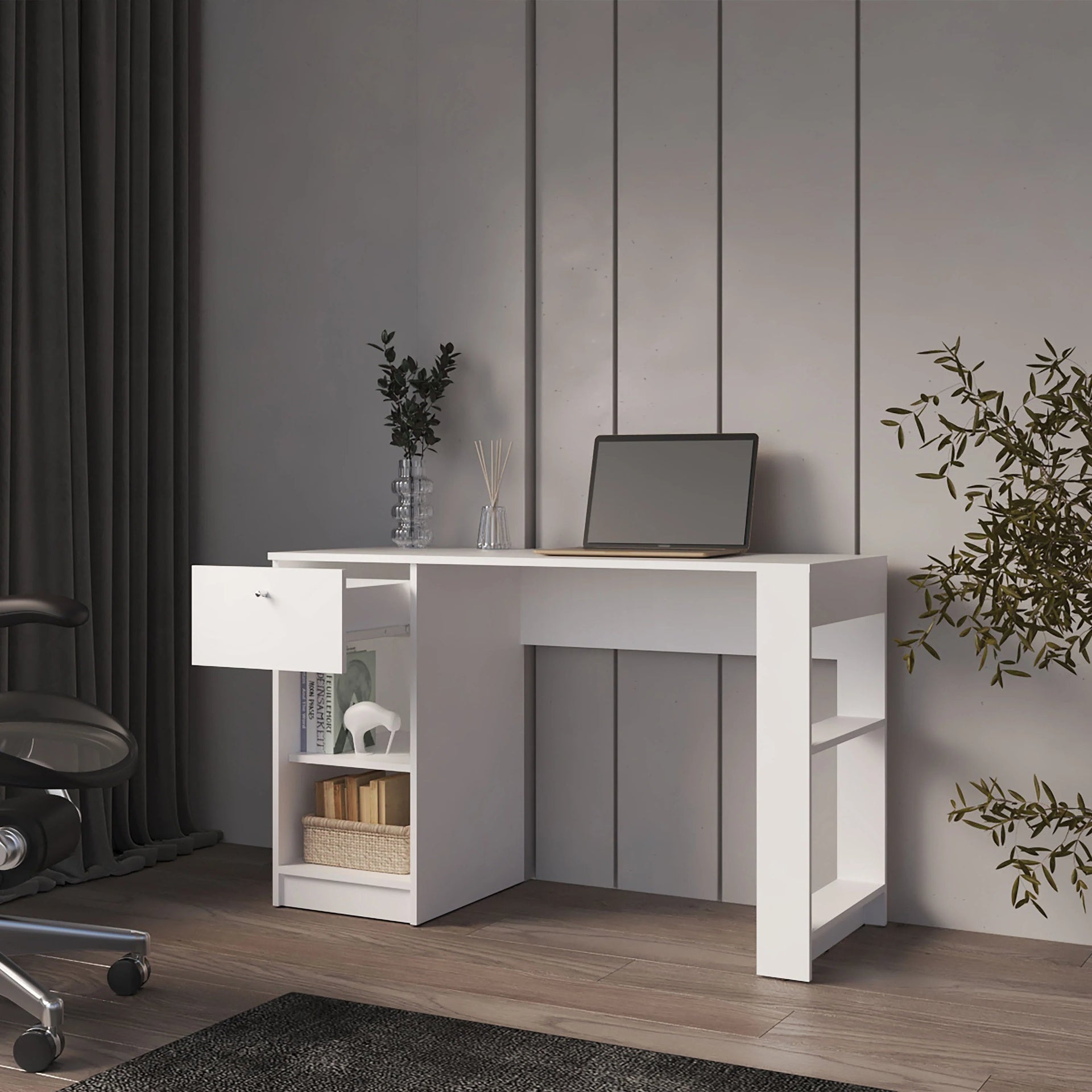 White Computer Desk with Drawer and Open Storage