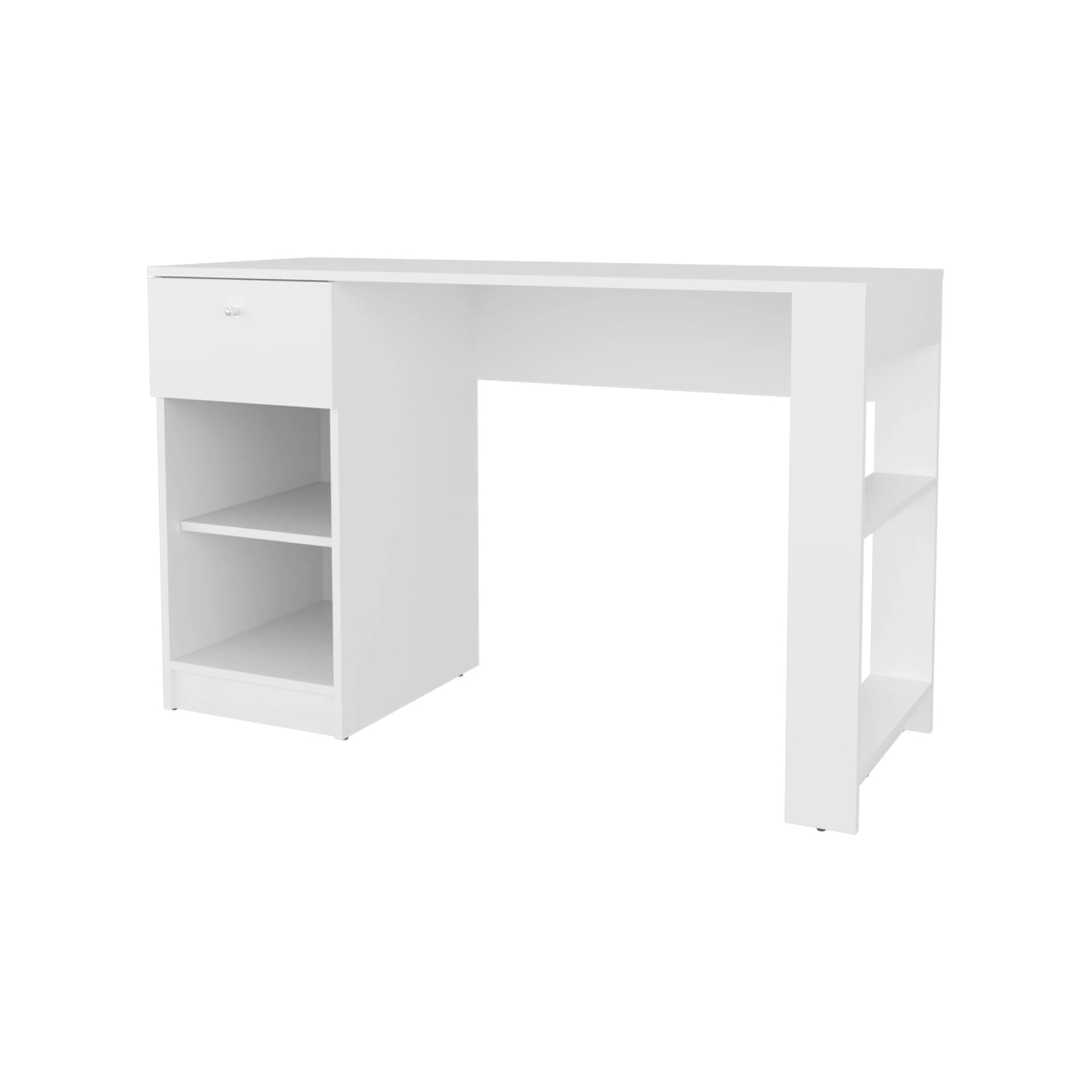 White Computer Desk with Drawer and Open Storage