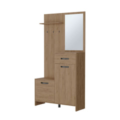 Natural Oak Hall Tree Multistorage with 1-Mirror and Adjustable Legs