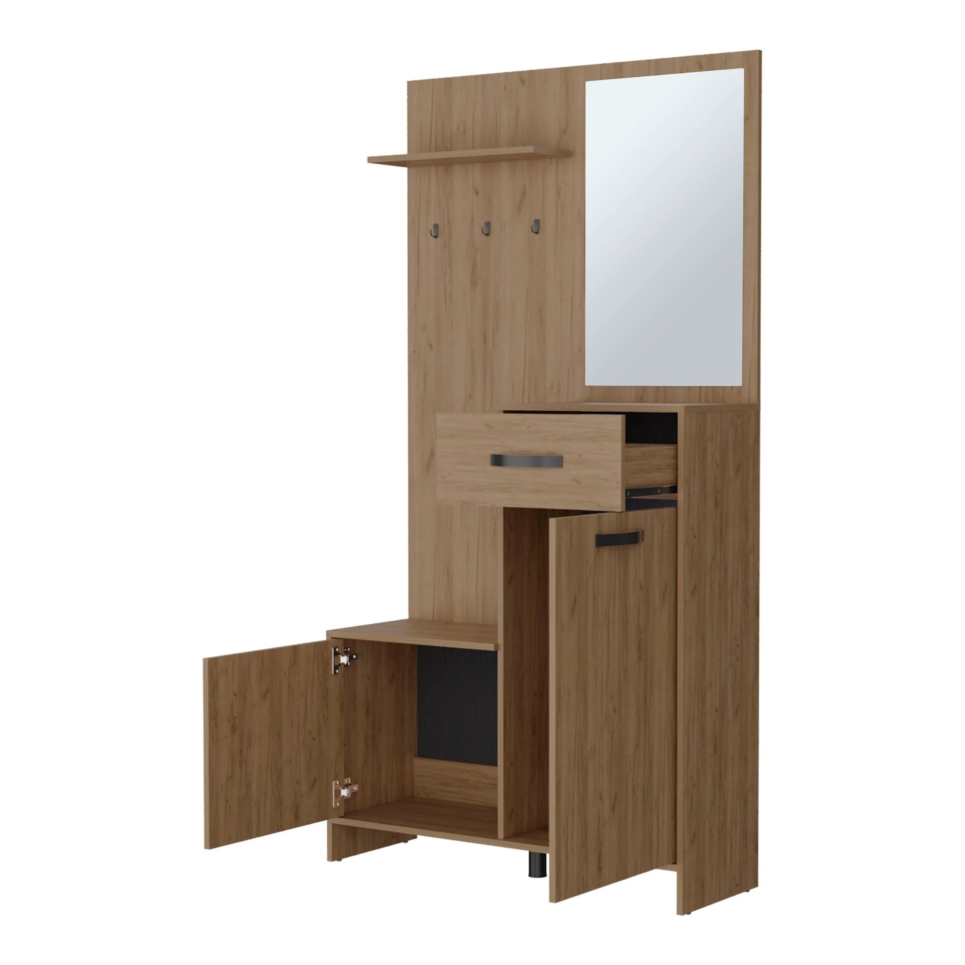 Natural Oak Hall Tree Multistorage with 1-Mirror and Adjustable Legs