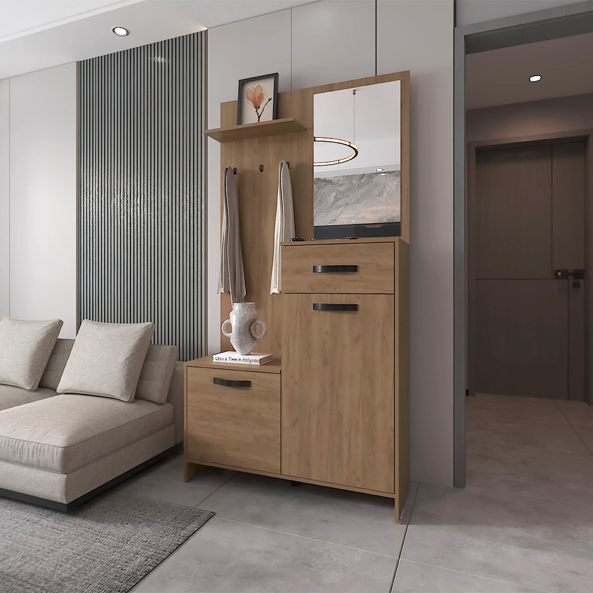 Natural Oak Hall Tree Multistorage with 1-Mirror and Adjustable Legs