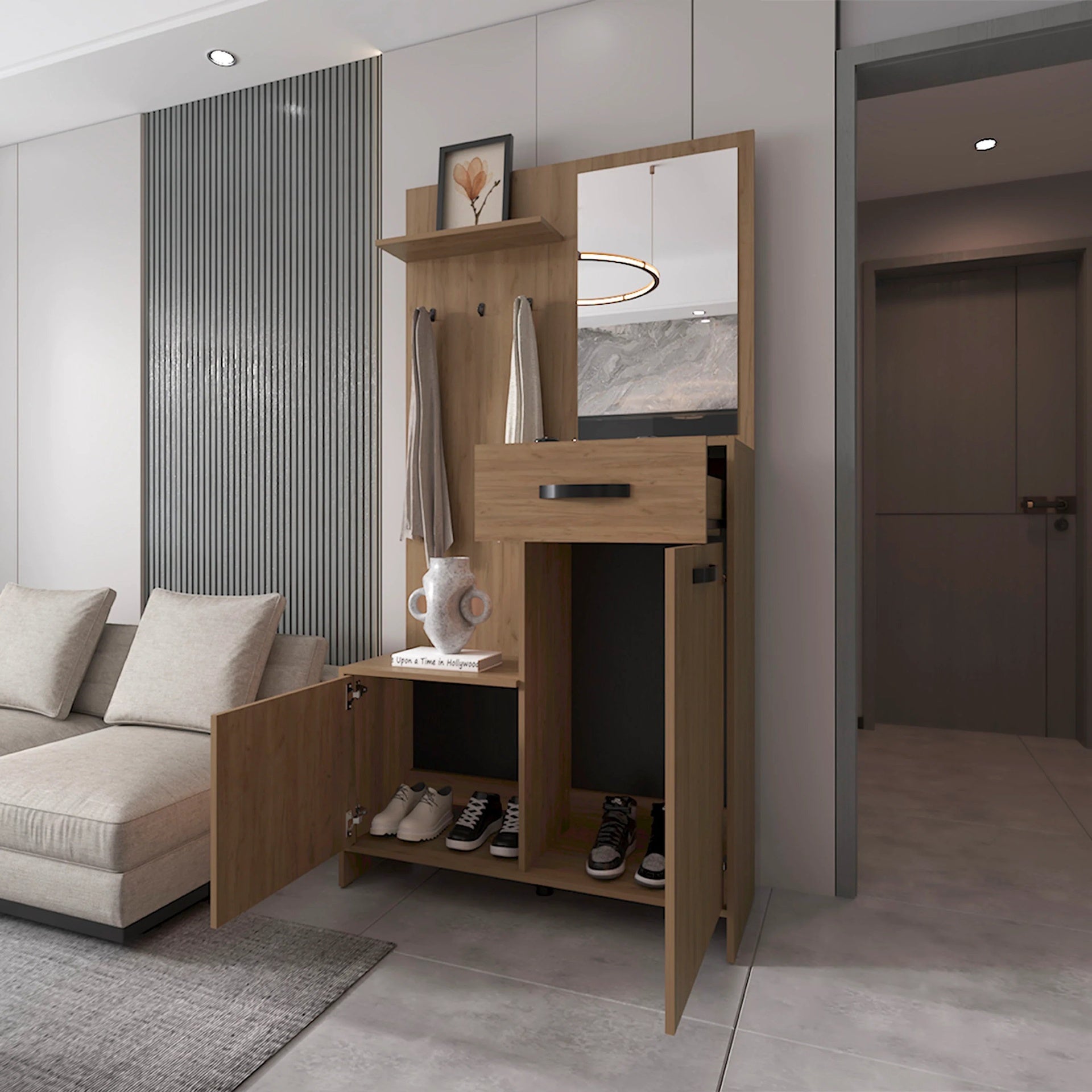 Natural Oak Hall Tree Multistorage with 1-Mirror and Adjustable Legs