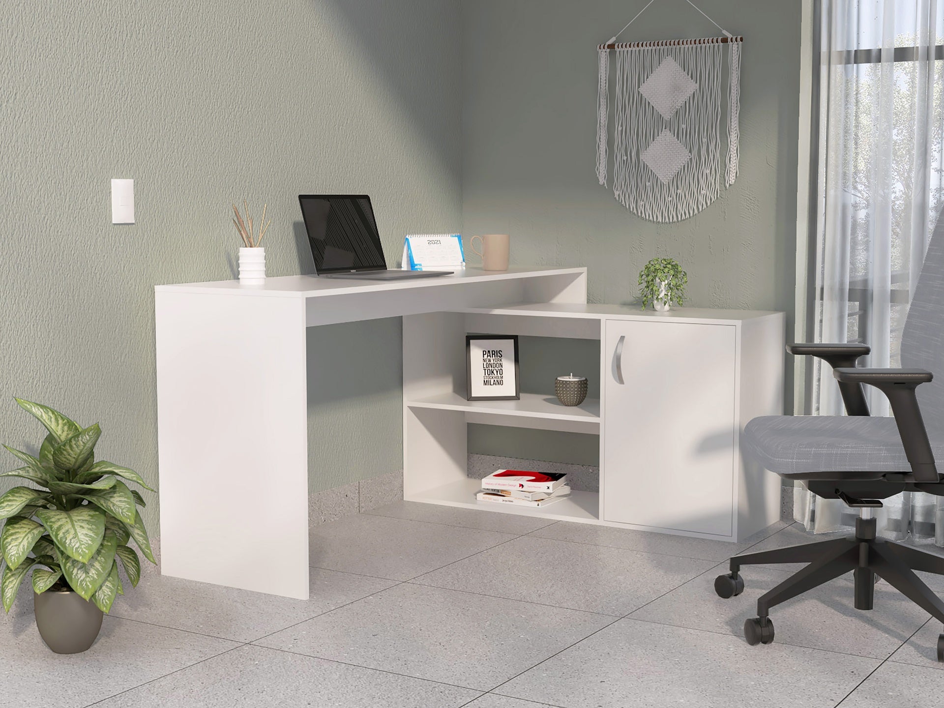 White 1-Drawer 2-Shelf L-Shaped Office Desk