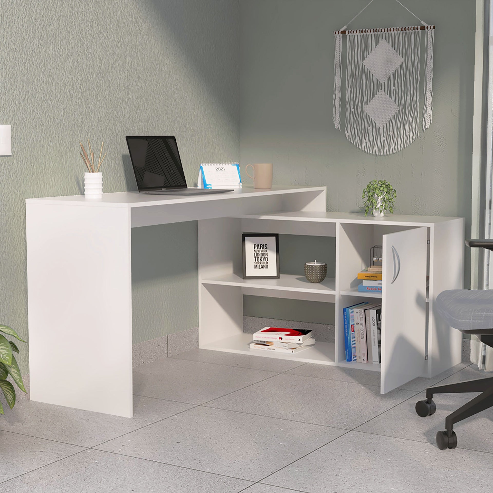 White 1-Drawer 2-Shelf L-Shaped Office Desk