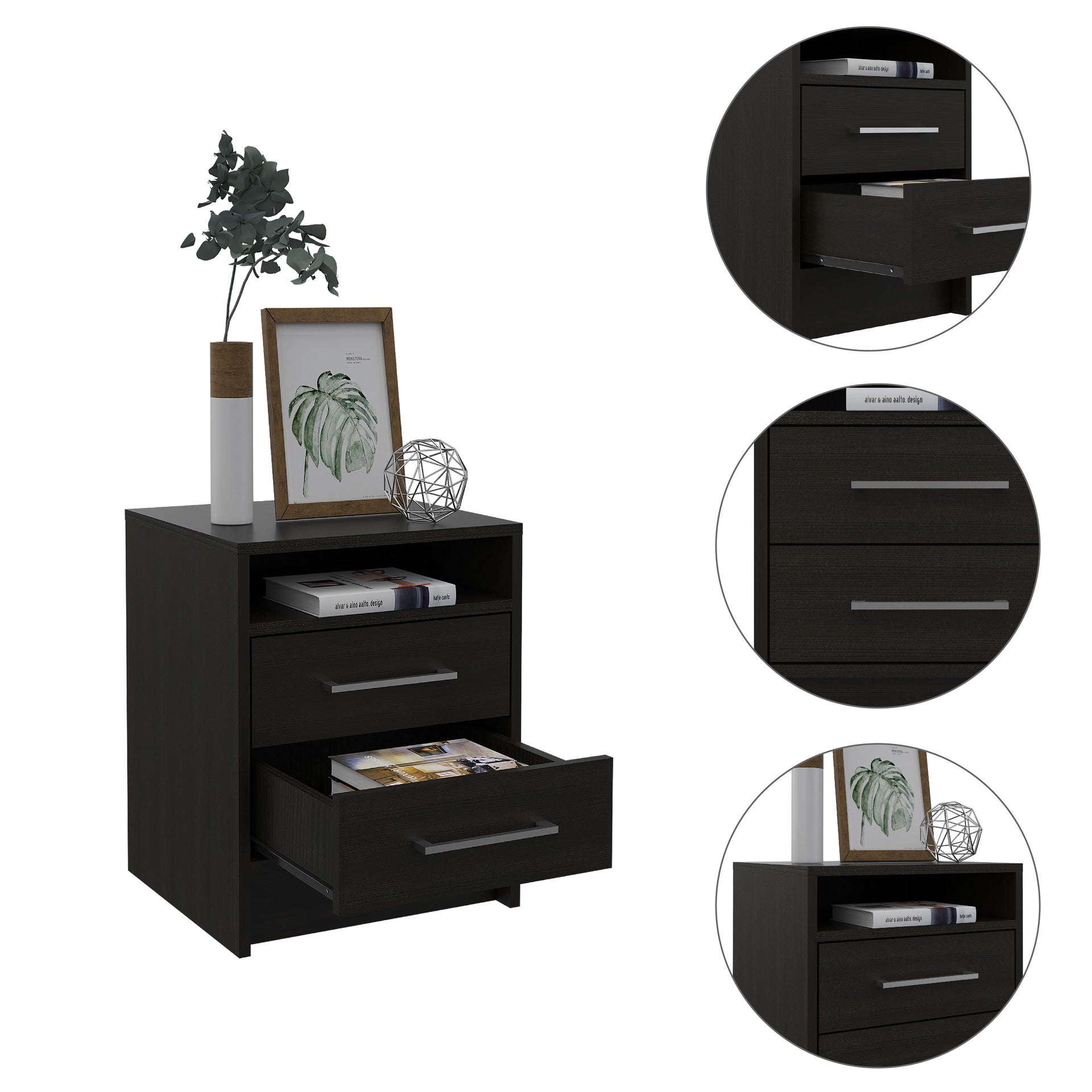 2-Drawer 1-Shelf Rectangle Nightstand Wenge