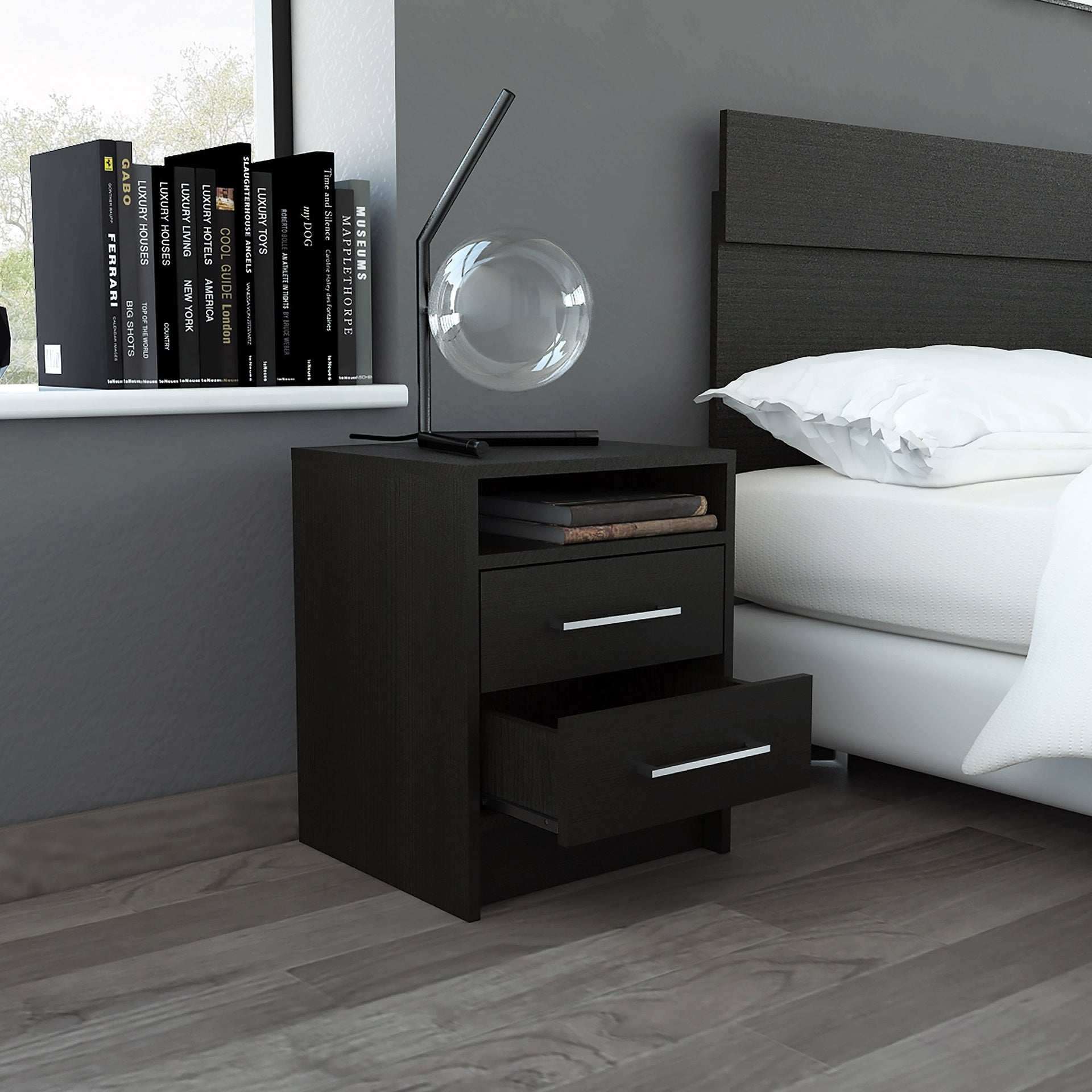 2-Drawer 1-Shelf Rectangle Nightstand Wenge