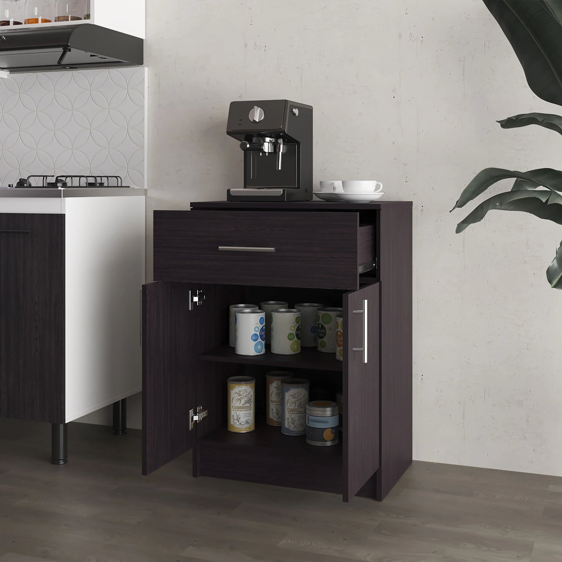 Wengue Kitchen Pantry in melamine with 2 doors and 1 drawer