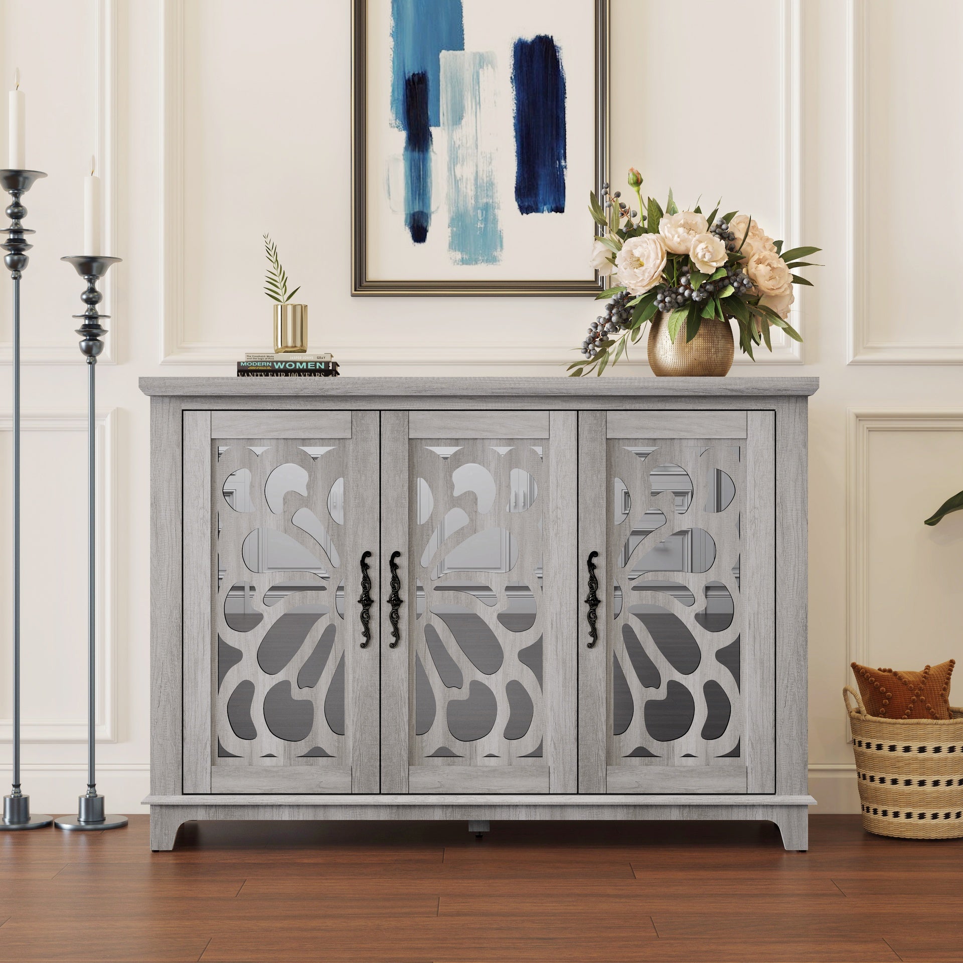 49.33" x 15.55" spacious size countertop Sideboard with 3 mirrored doors adjustable shelves buffet cabinet, storage cabinet for living room, bedroom, dinning room, kitchen, hallway closet