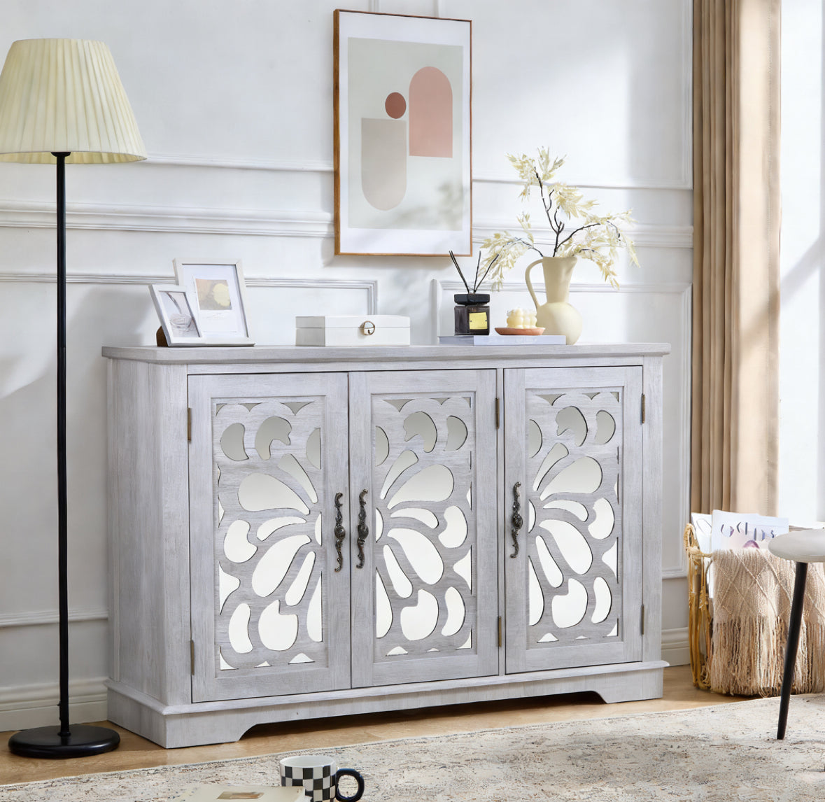 49.33" x 15.55" spacious size countertop Sideboard with 3 mirrored doors adjustable shelves buffet cabinet, storage cabinet for living room, bedroom, dinning room, kitchen, hallway closet