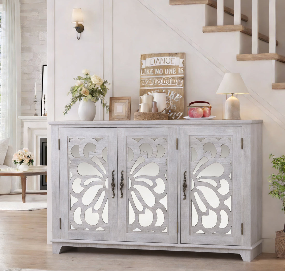 49.33" x 15.55" spacious size countertop Sideboard with 3 mirrored doors adjustable shelves buffet cabinet, storage cabinet for living room, bedroom, dinning room, kitchen, hallway closet