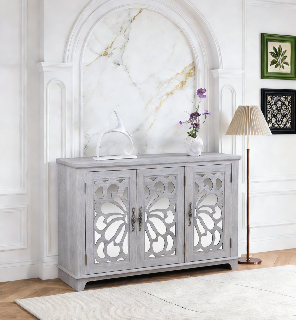 49.33" x 15.55" spacious size countertop Sideboard with 3 mirrored doors adjustable shelves buffet cabinet, storage cabinet for living room, bedroom, dinning room, kitchen, hallway closet