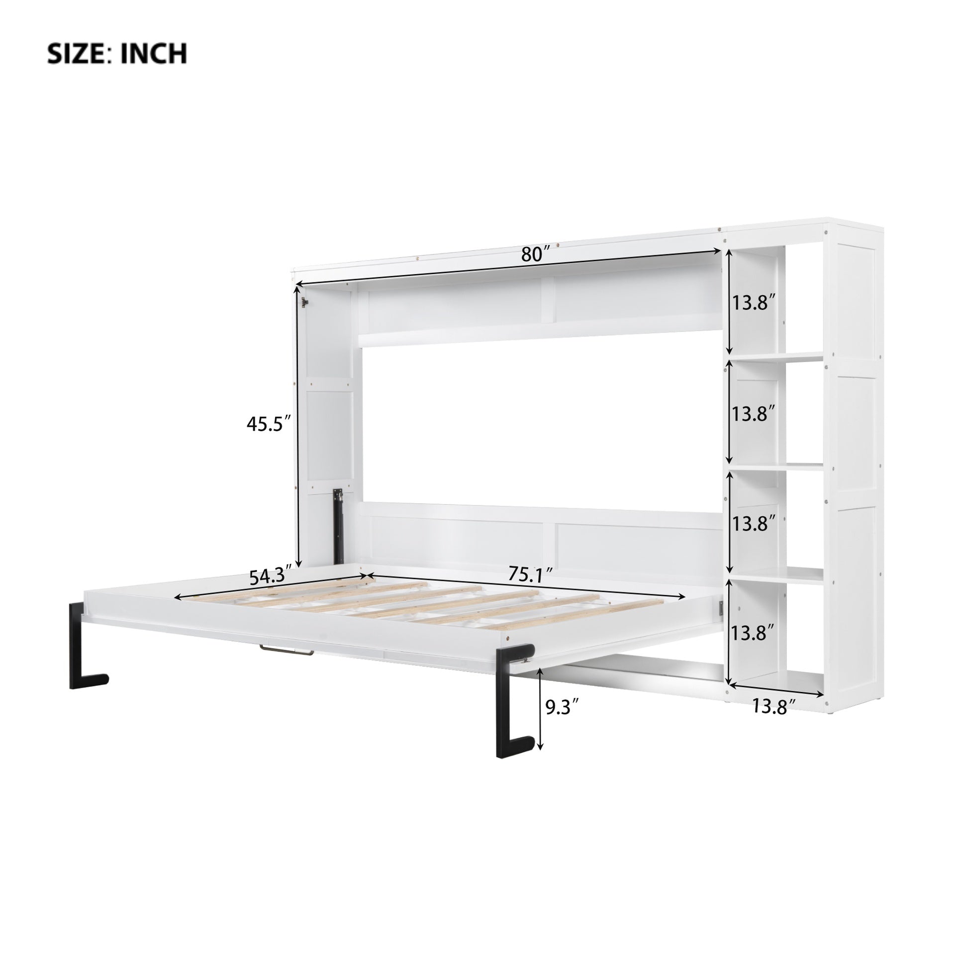 Full Size Murphy Bed with Bookshelf, White