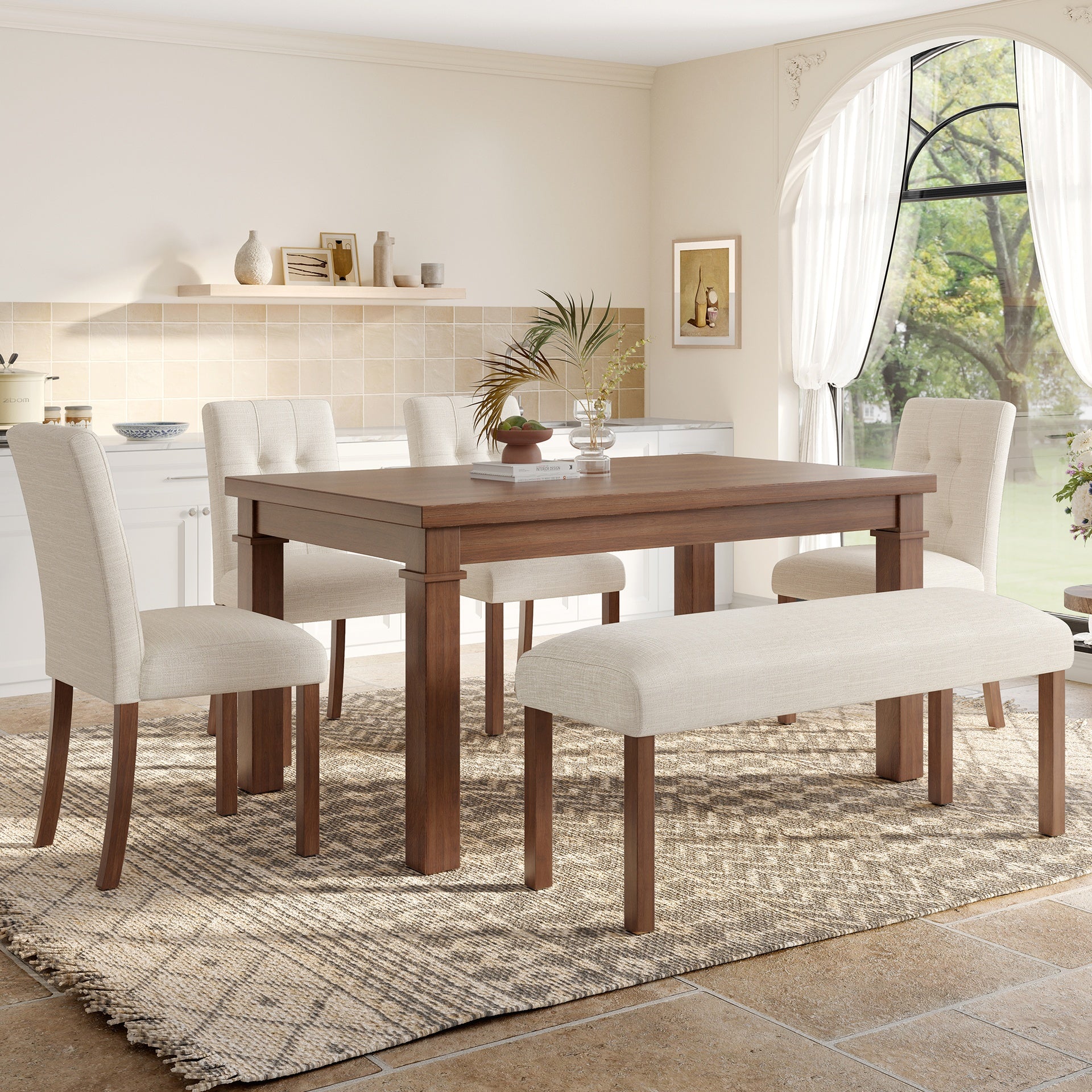 6-Piece Modern Dining Set, Rectangle Kitchen Table with 4 Upholstered Chairs & Bench, Ideal for Dining Room and Living Room, (Easy Assembly, Space Saving)
