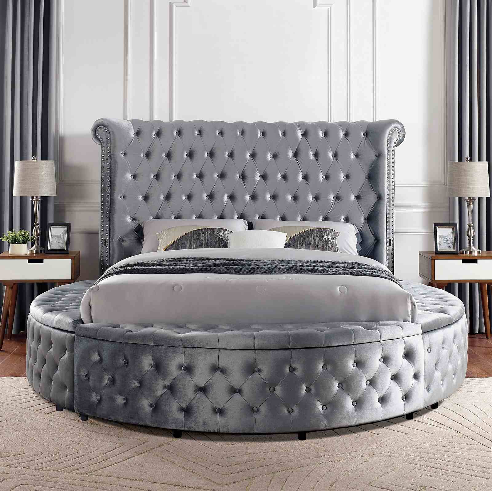 1pc Unique Round Glam Gray Velvet Like Acrylic Button-Tufted Detailing Storage Bed King Size