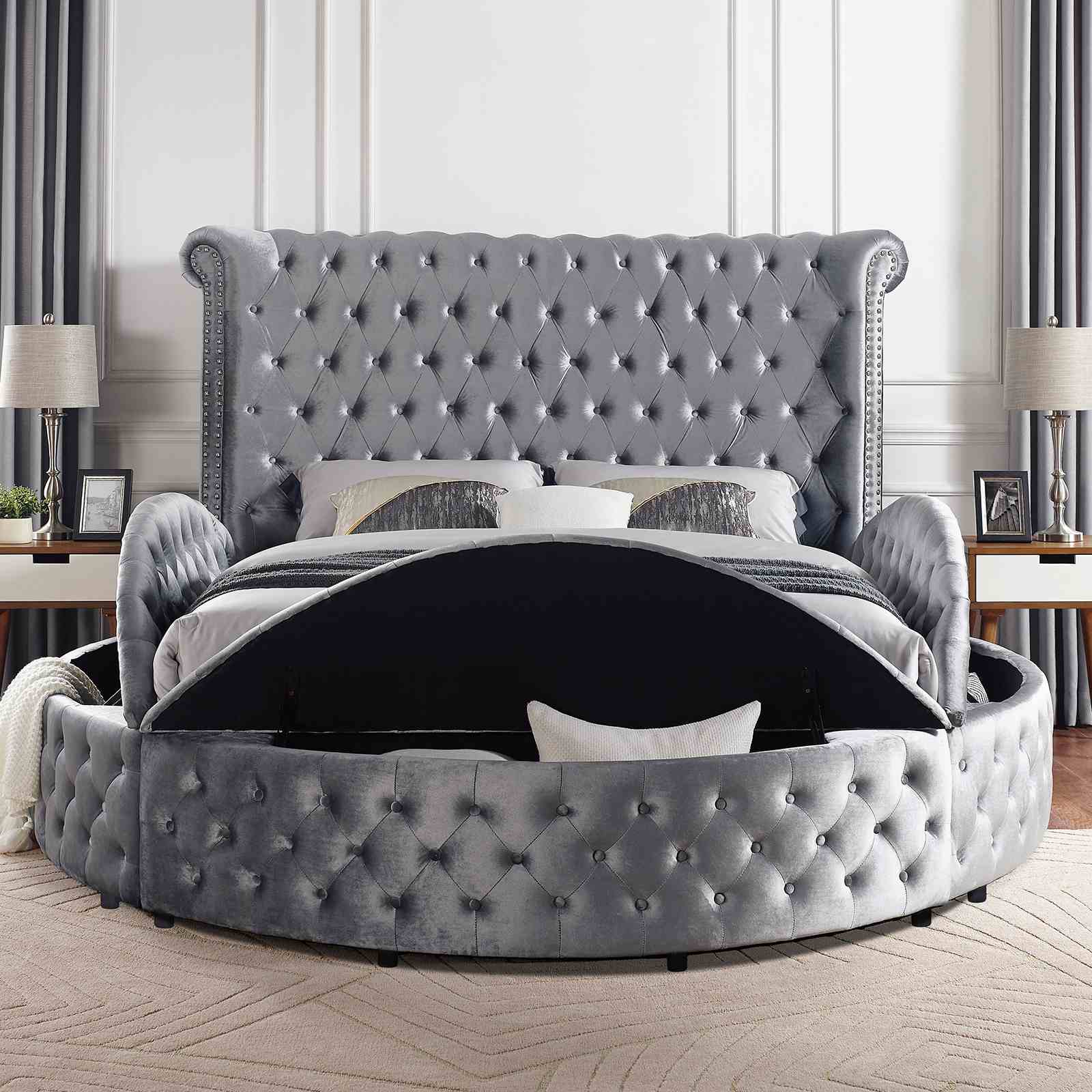 1pc Unique Round Glam Gray Velvet Like Acrylic Button-Tufted Detailing Storage Bed King Size