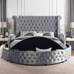 1pc Unique Round Glam Gray Velvet Like Acrylic Button-Tufted Detailing Storage Bed King Size