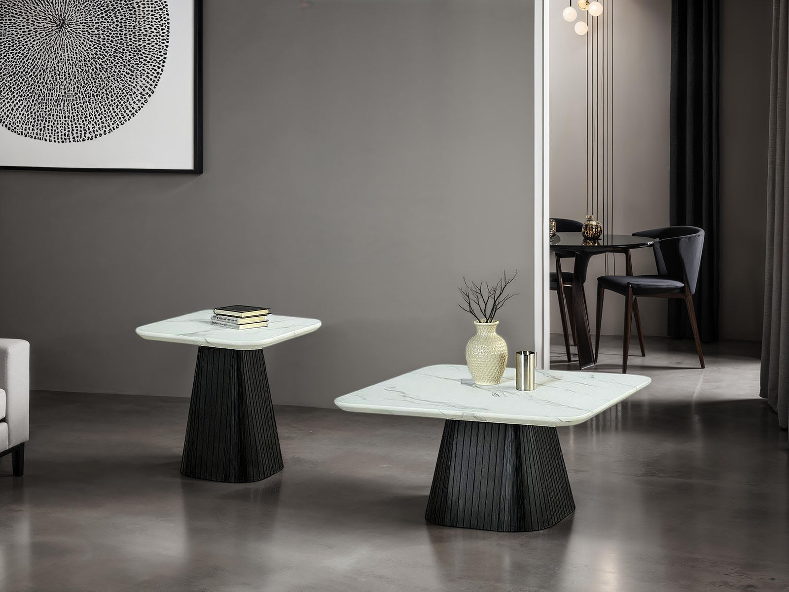 Contemporary Style 3pc Table Set 1x Square Coffee Table 2x Square End Table Faux Marble Soft Curved Edges Top Black Finish Primary Living Room