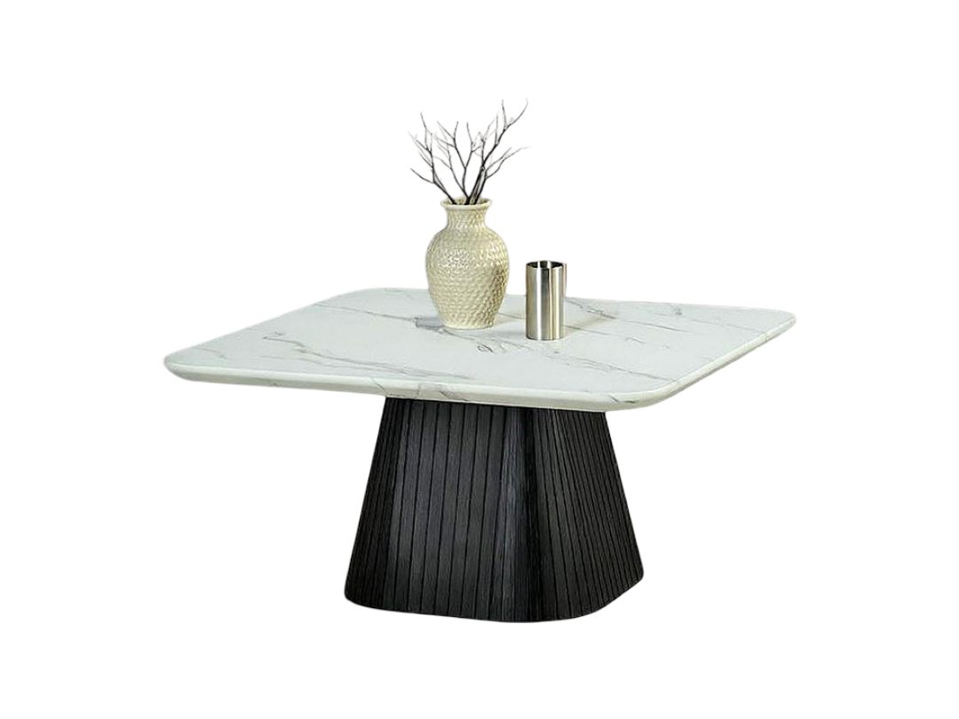 Contemporary Style 3pc Table Set 1x Square Coffee Table 2x Square End Table Faux Marble Soft Curved Edges Top Black Finish Primary Living Room