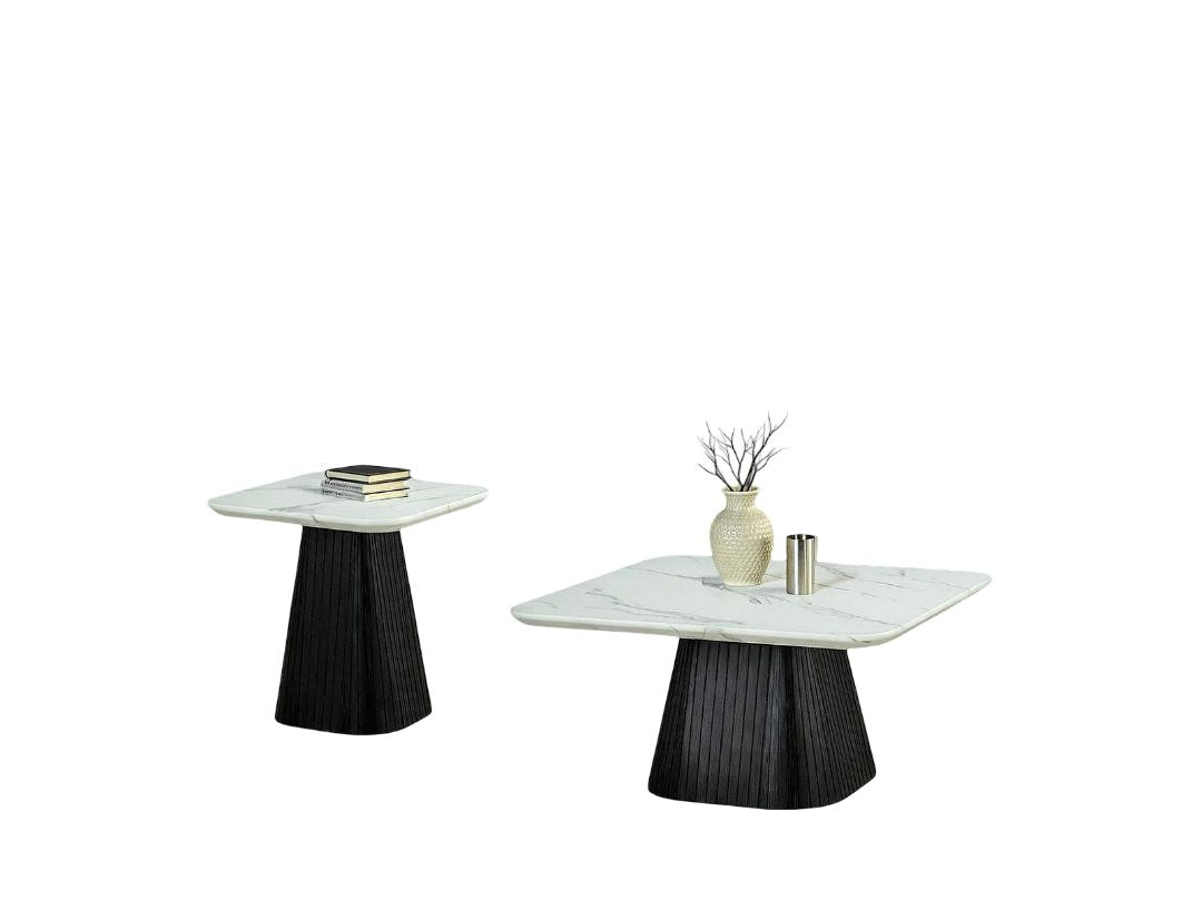 Contemporary Style 3pc Table Set 1x Square Coffee Table 2x Square End Table Faux Marble Soft Curved Edges Top Black Finish Primary Living Room