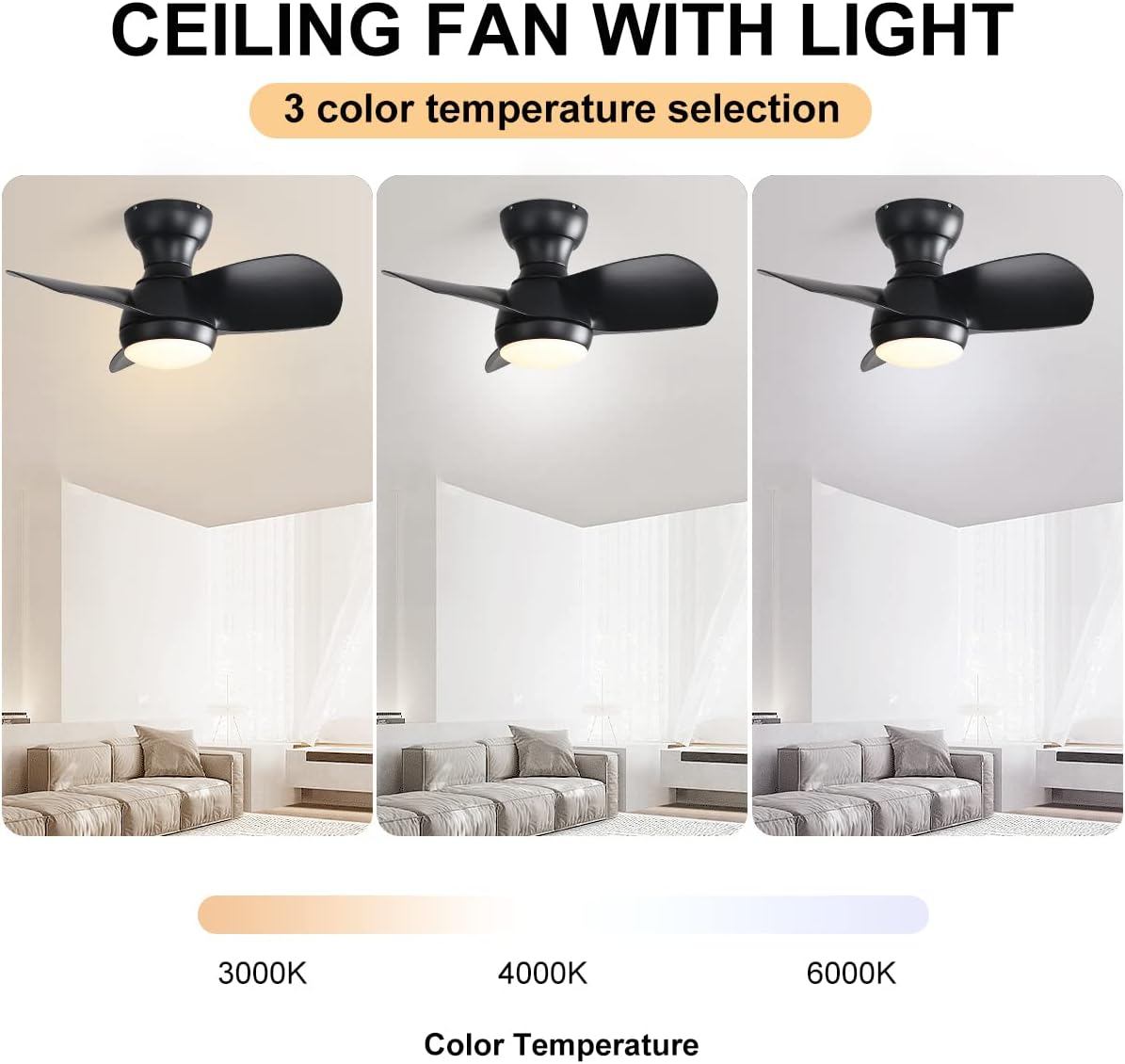 23 Inch Bedroom Ceiling Fan With 3 ABS Blades Remote Control DC Motor Black With 18W Led Light