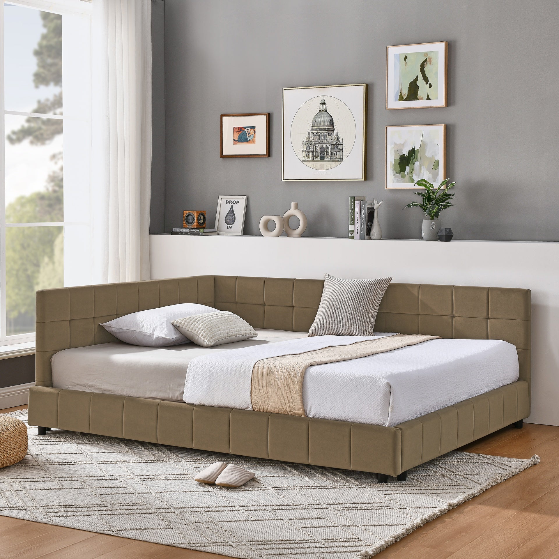 Full Size Upholstered Tufted  Bed Frame, Sofa Bed Frame with Comfortable Backrest and Armrests, Full Size Bed for Bedroom, Living Room,Velvet, BROWN(80.5''*59''*30.5'')
