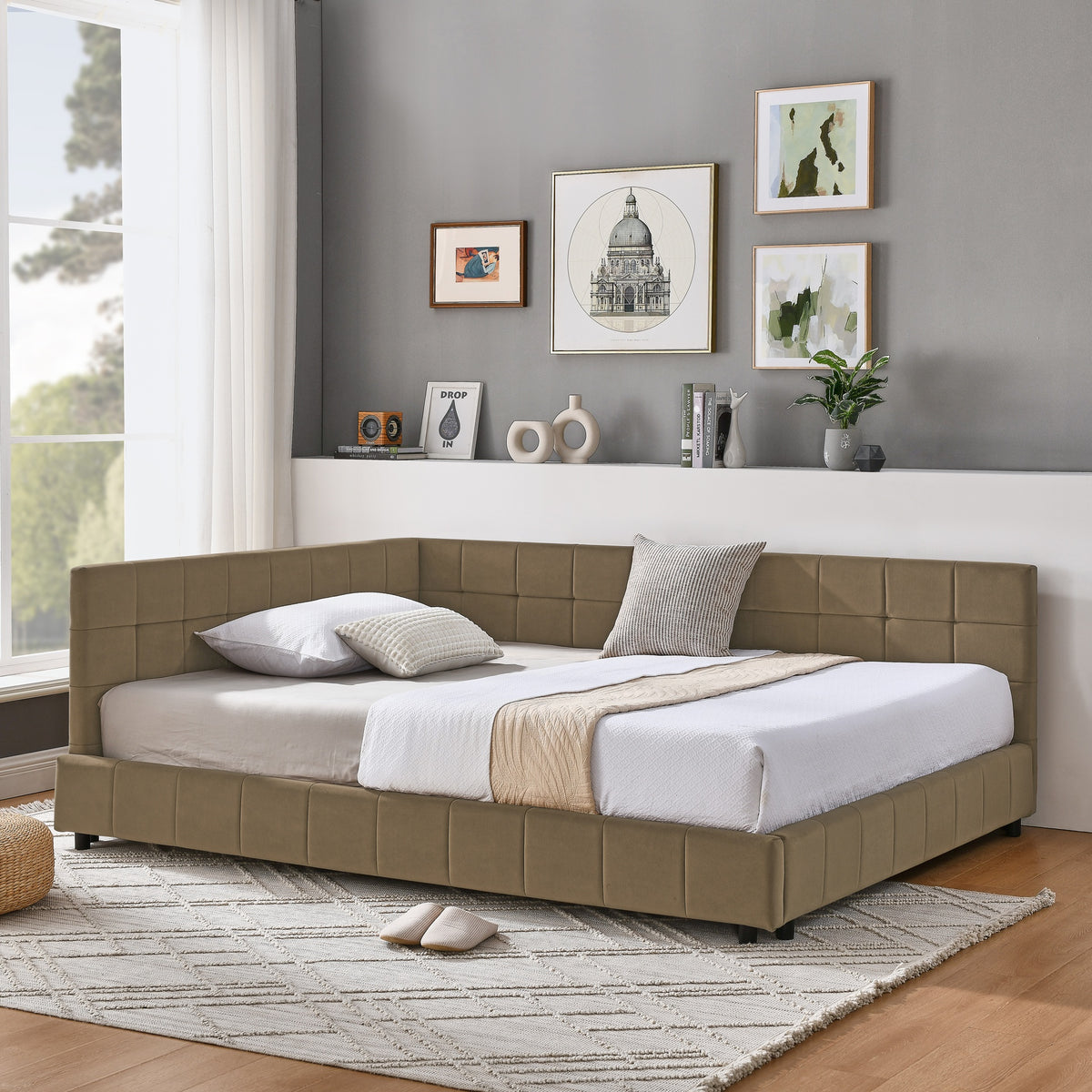 Full Size Upholstered Tufted  Bed Frame, Sofa Bed Frame with Comfortable Backrest and Armrests, Full Size Bed for Bedroom, Living Room,Velvet, BROWN(80.5''*59''*30.5'')