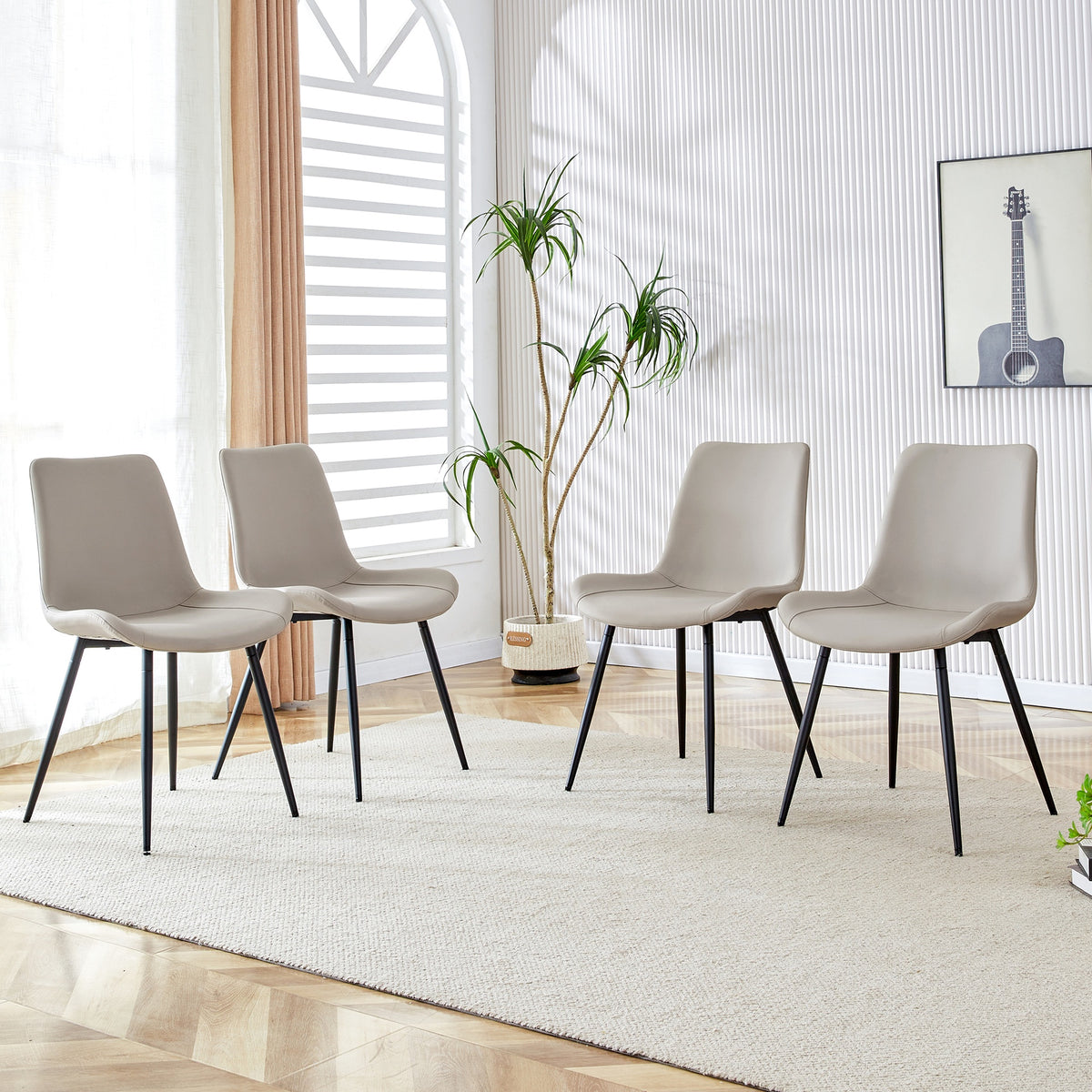 Light gray artificial leather backrest cushion dining chair, black metal legs,curved widened cushion design for more comfort,suitable for restaurants, kitchens, bedrooms, offices.(4 chairs)W1151124311