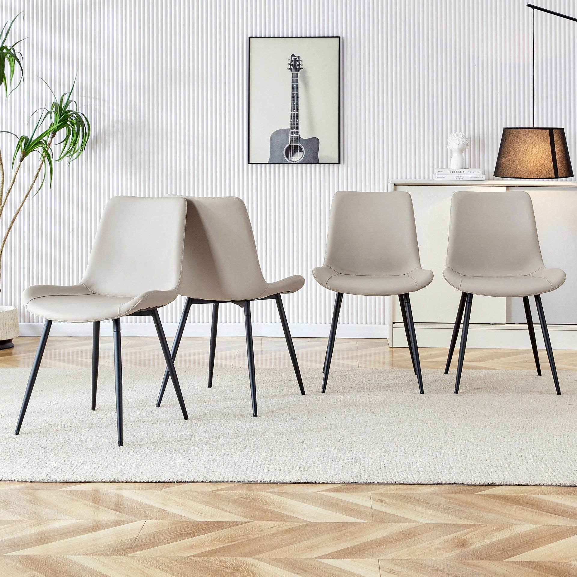 Light gray artificial leather backrest cushion dining chair, black metal legs,curved widened cushion design for more comfort,suitable for restaurants, kitchens, bedrooms, offices.(4 chairs)W1151124311