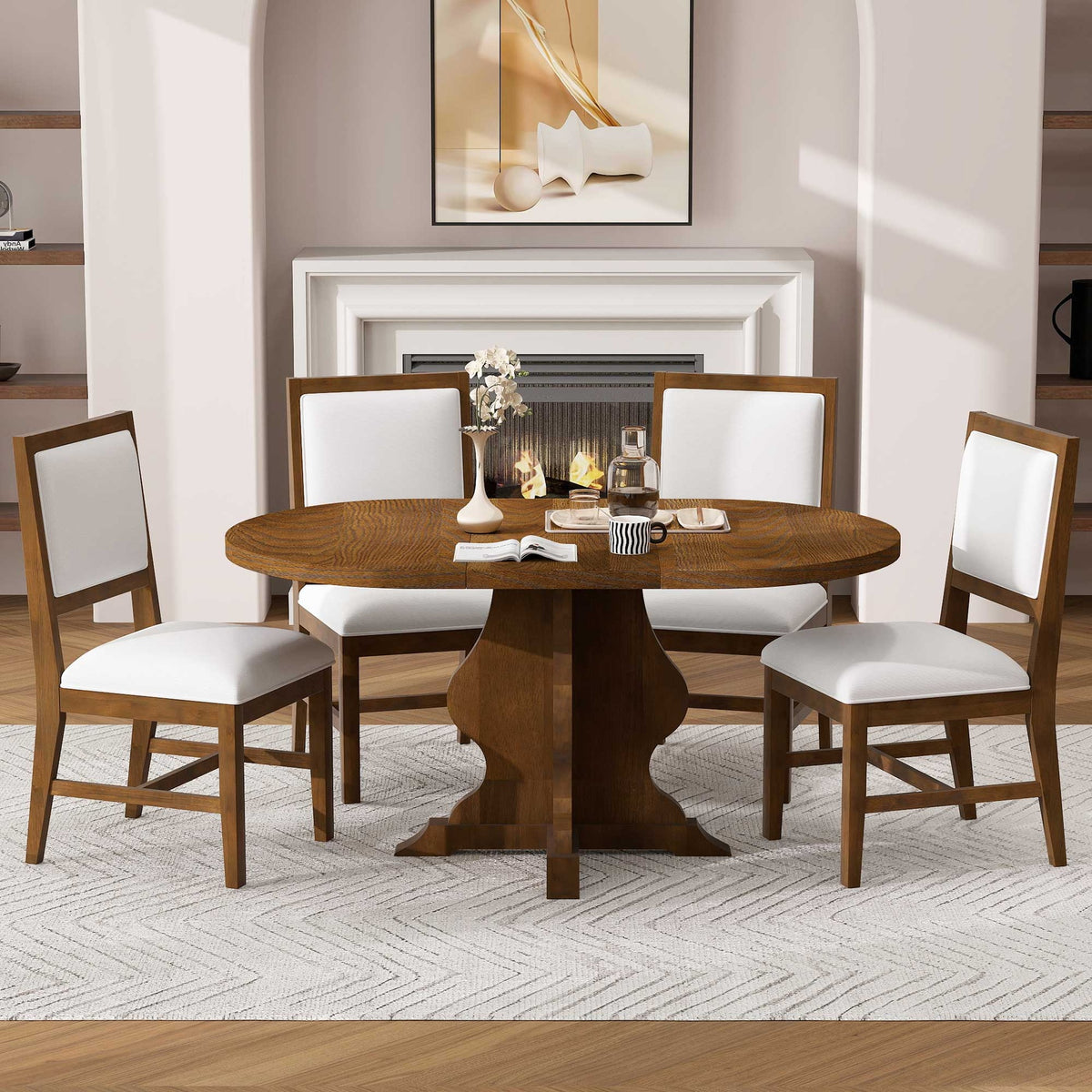 TREXM Farmhouse 5-Piece Dining Table Set with 4 Upholstered Chairs, Wood Extendable Dining Table with 15.7" Leaf for Extra Seating for Dining Room, Kitchen and Living Room (Brown)