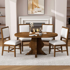 TREXM Farmhouse 5-Piece Dining Table Set with 4 Upholstered Chairs, Wood Extendable Dining Table with 15.7" Leaf for Extra Seating for Dining Room, Kitchen and Living Room (Brown)