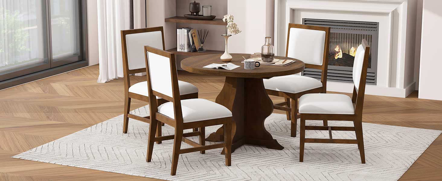 TREXM Farmhouse 5-Piece Dining Table Set with 4 Upholstered Chairs, Wood Extendable Dining Table with 15.7" Leaf for Extra Seating for Dining Room, Kitchen and Living Room (Brown)