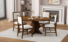 TREXM Farmhouse 5-Piece Dining Table Set with 4 Upholstered Chairs, Wood Extendable Dining Table with 15.7" Leaf for Extra Seating for Dining Room, Kitchen and Living Room (Brown)