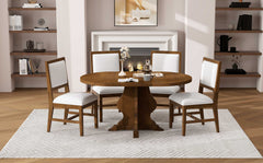 TREXM Farmhouse 5-Piece Dining Table Set with 4 Upholstered Chairs, Wood Extendable Dining Table with 15.7" Leaf for Extra Seating for Dining Room, Kitchen and Living Room (Brown)