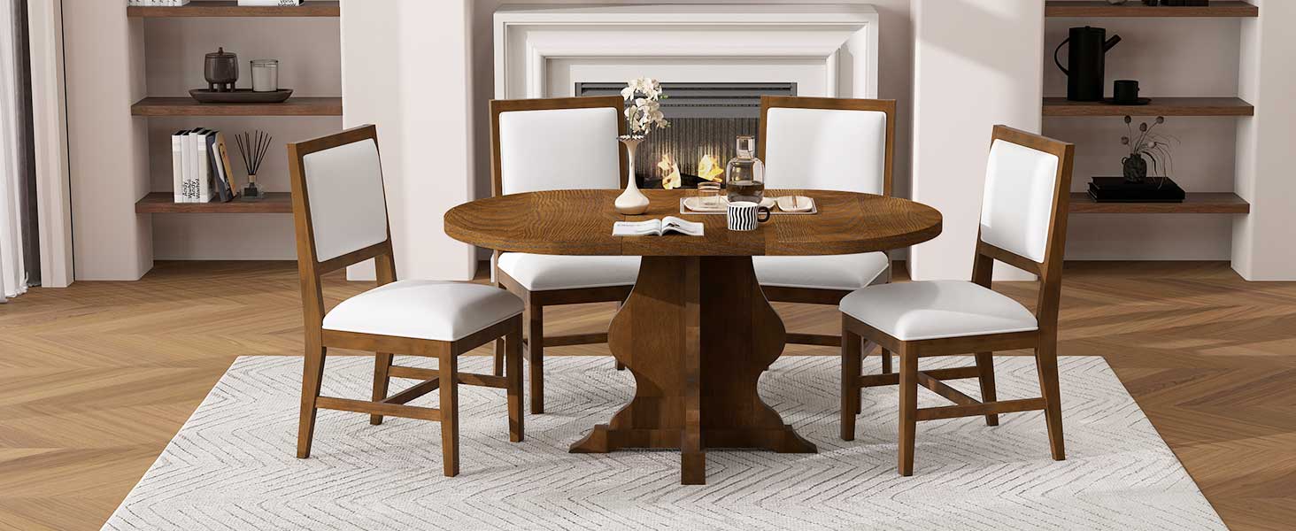 TREXM Farmhouse 5-Piece Dining Table Set with 4 Upholstered Chairs, Wood Extendable Dining Table with 15.7" Leaf for Extra Seating for Dining Room, Kitchen and Living Room (Brown)