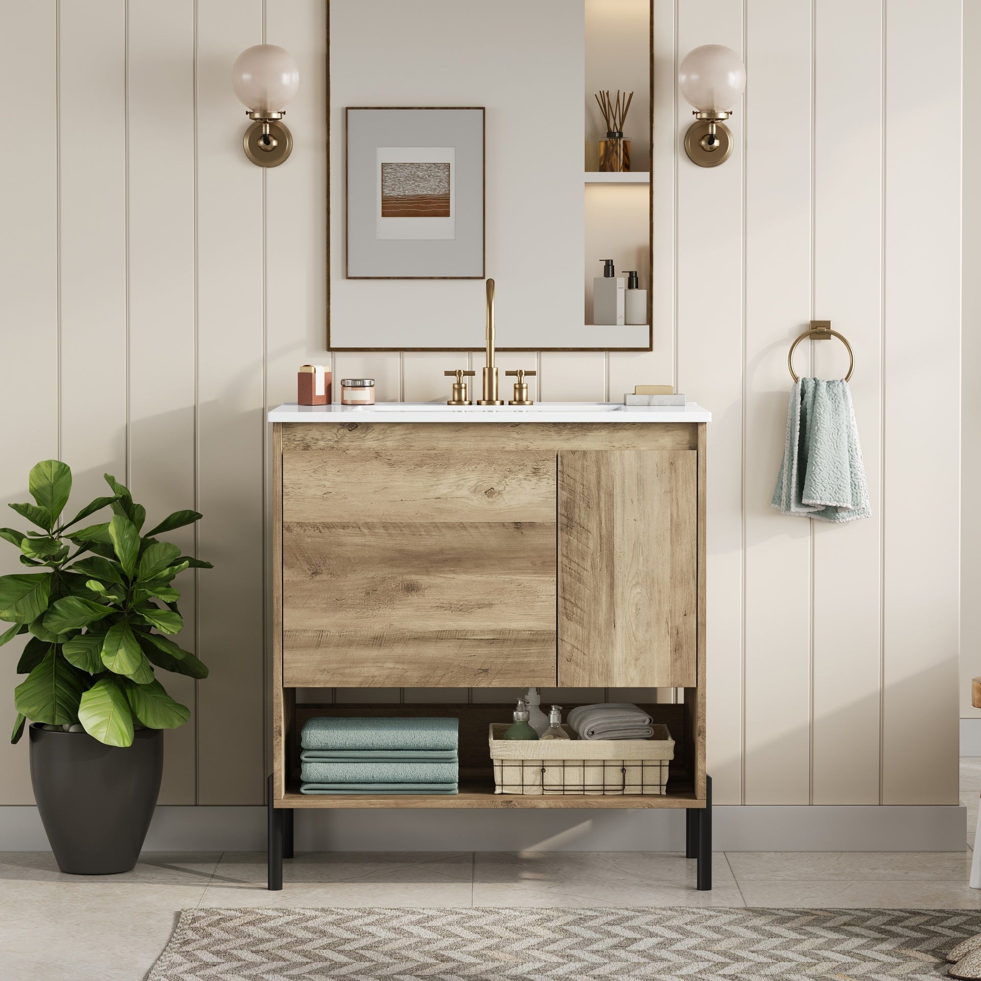30" Modern Wood Fixture Bathroom Vanity, Bathroom Cabinet with Sliding Drawer, Bathroom Storage Cabinet with Ceramic Basin Sink Top, Single Bathroom Vanities Cabinet with Doors and Open Shelf