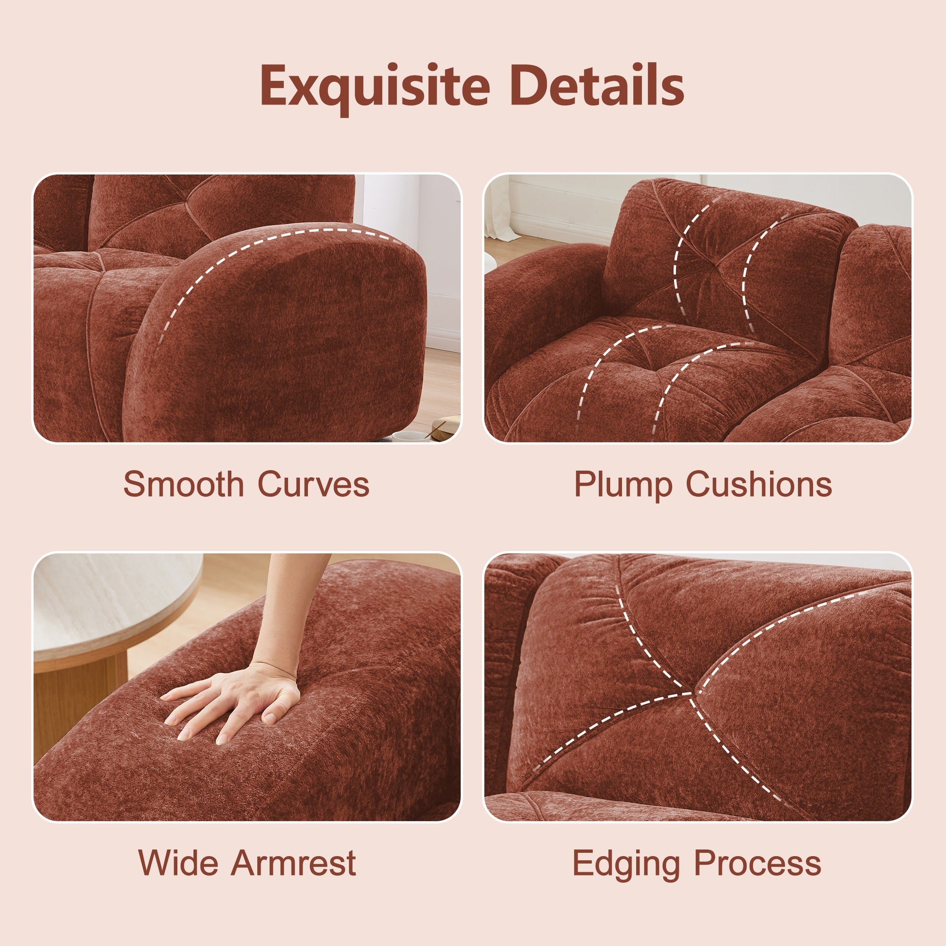 U-shaped Boneless Sofa,Soft Velvet Fabric,Tufted Design,32D High Density Sponge,No Assembly Required,Ergonomic Design Bottom, Anti-Slip Design,Movable Ottomans For Bedrooms,Red Brown