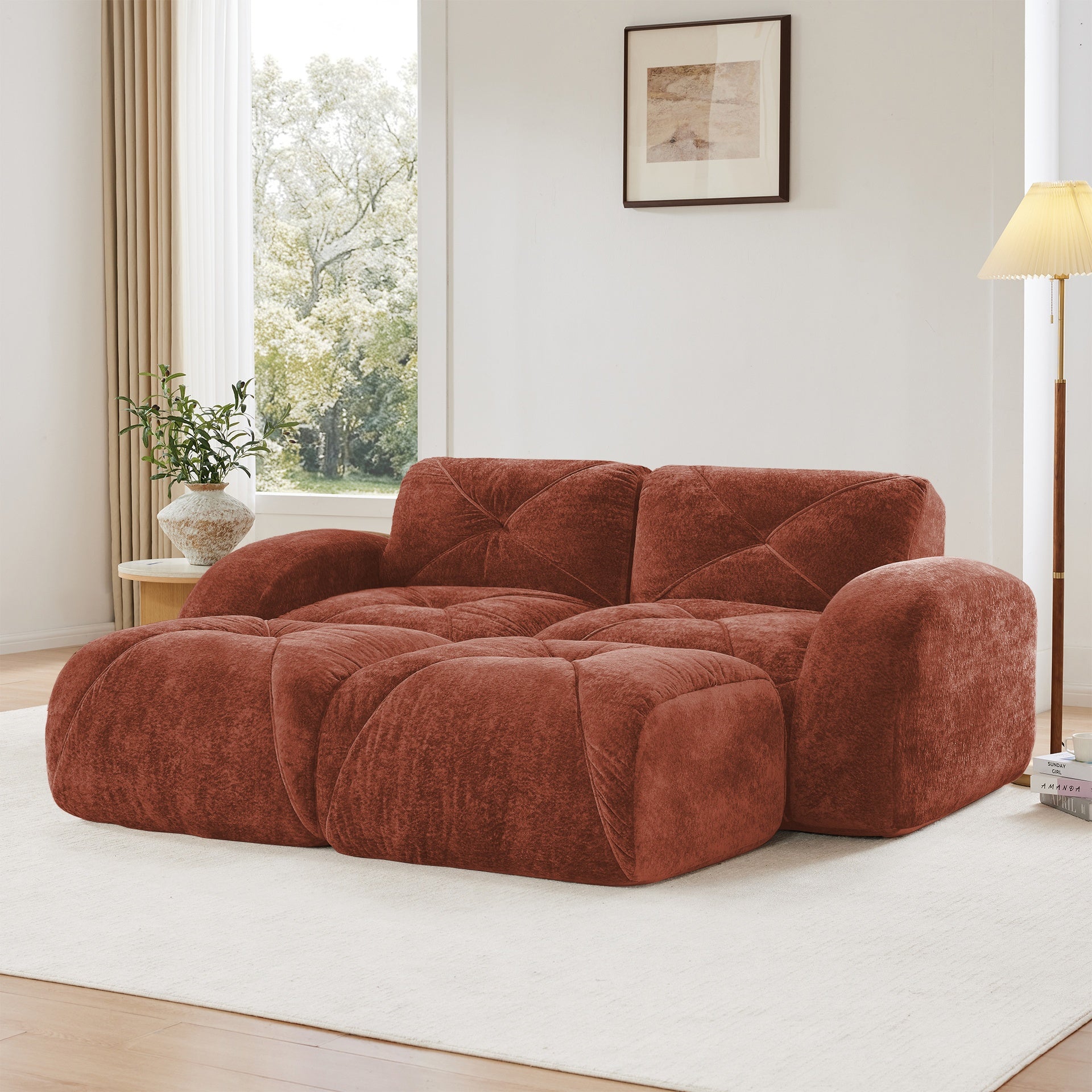 U-shaped Boneless Sofa,Soft Velvet Fabric,Tufted Design,32D High Density Sponge,No Assembly Required,Ergonomic Design Bottom, Anti-Slip Design,Movable Ottomans For Bedrooms,Red Brown